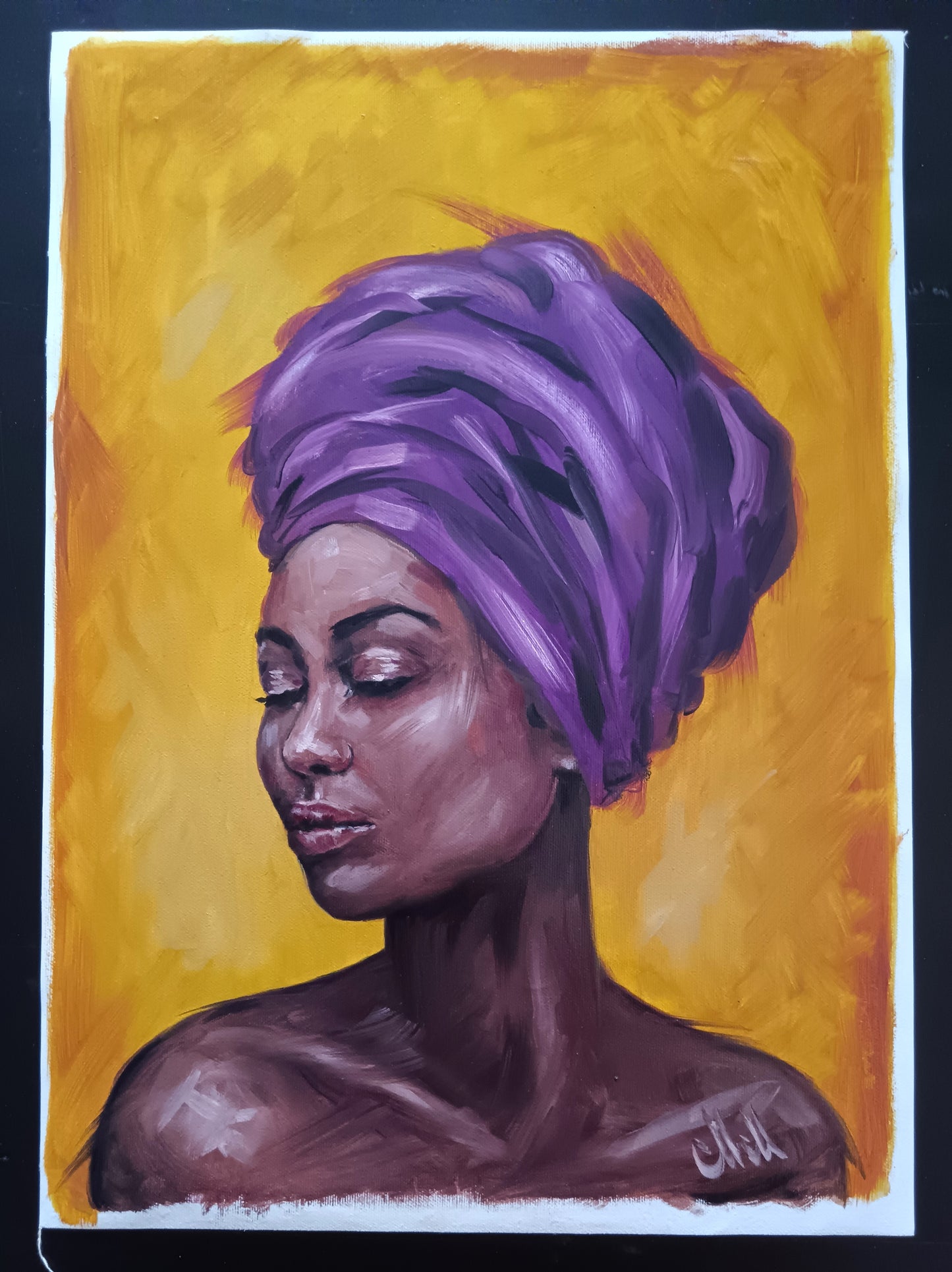 Hand-Painted African Beauty – Original Female Portraiture
This oil portrait painting of African woman is a stunning piece of female portraiture, capturing strength, beauty, and culture.
Created with high-quality oil colors on loose canvas, this Afro-African female figure painting is a timeless addition to any art collection.
Size: 35 cm x 48 cm (14" x 19")