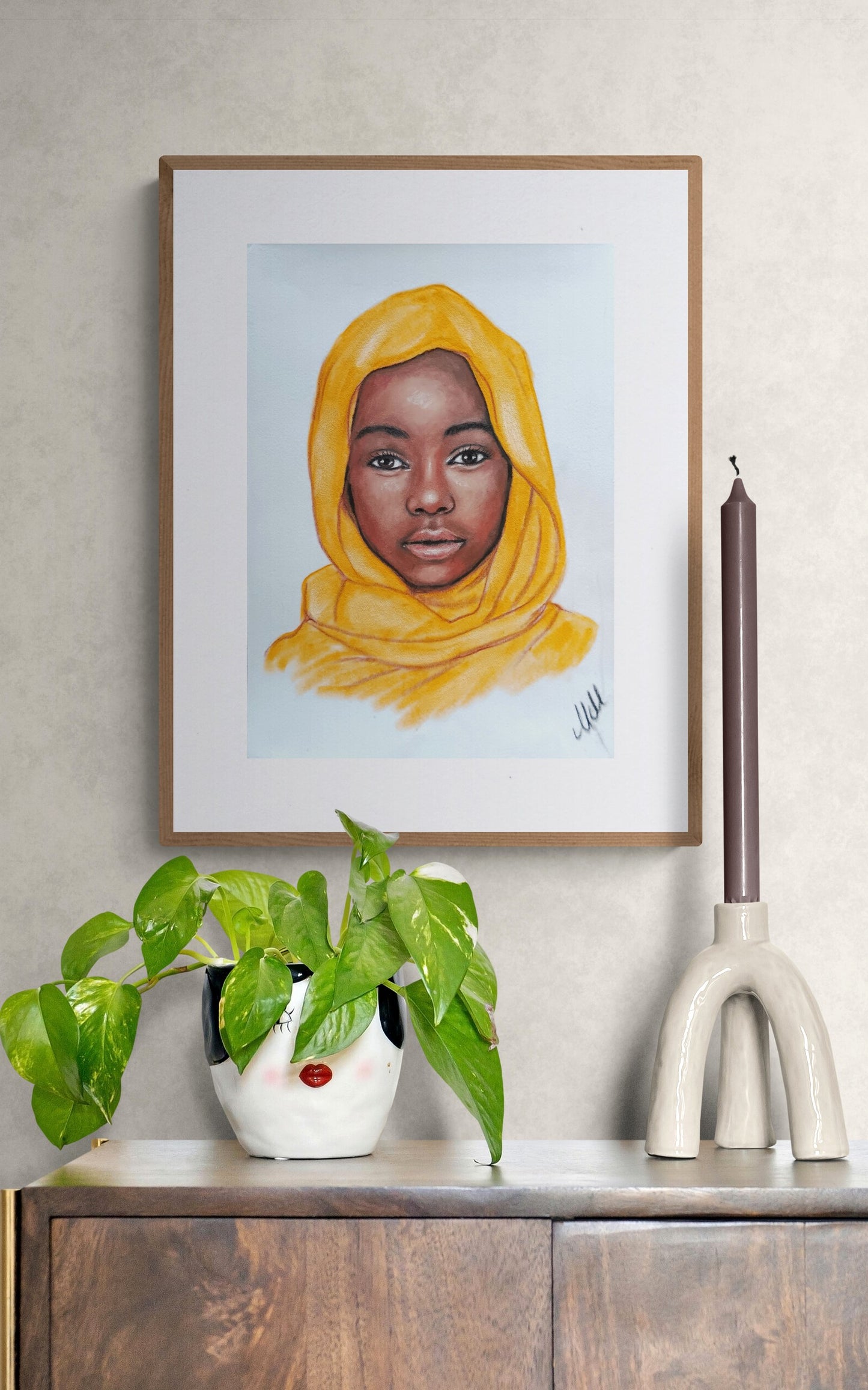 African girl with yellow scarf - Original oil pastel portrait painting. Beautiful African artwork for your home gallery or gift for someone special.
