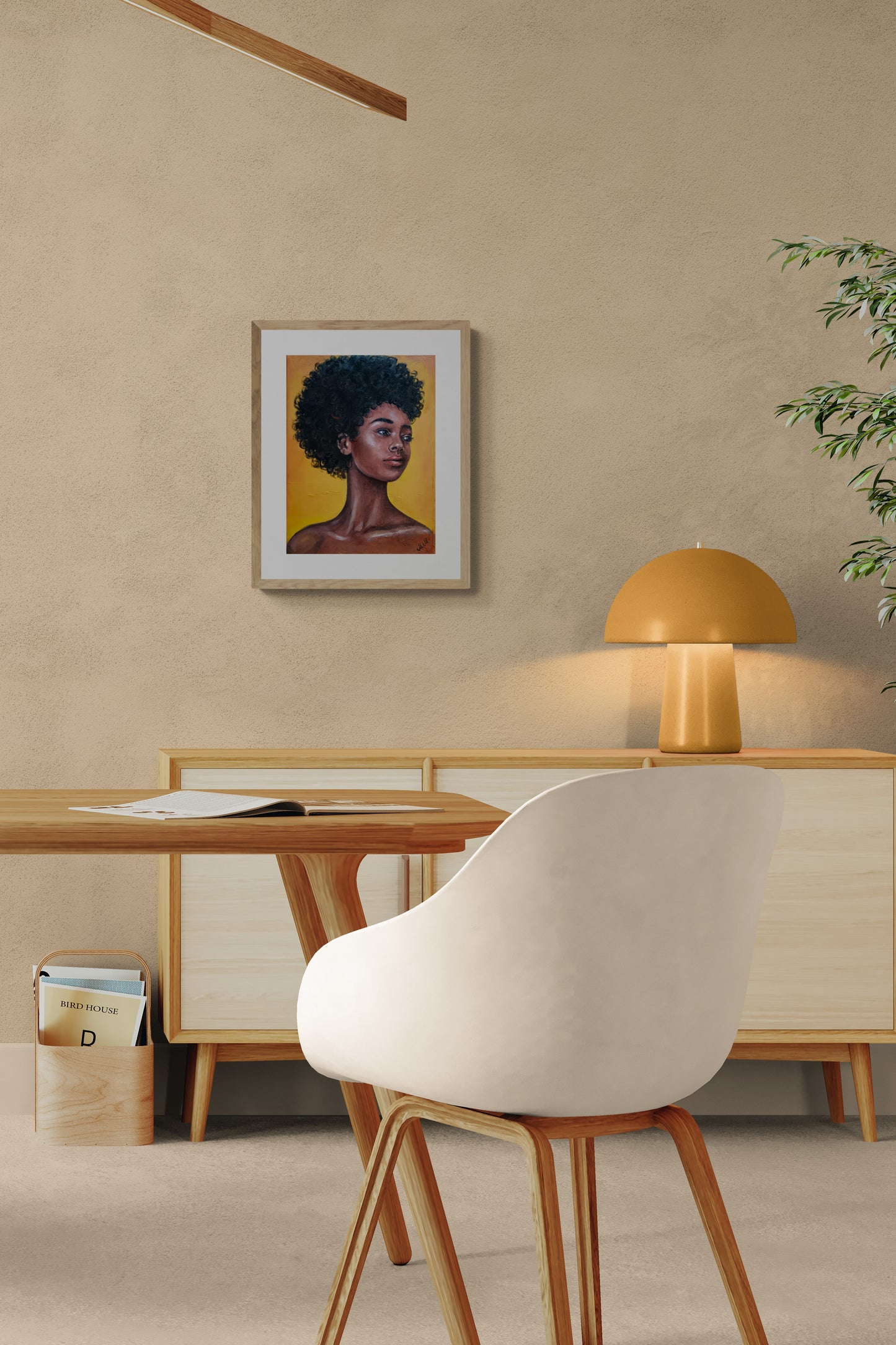 Modern interior with a wooden table, white chair, and framed artwork on a beige wall.