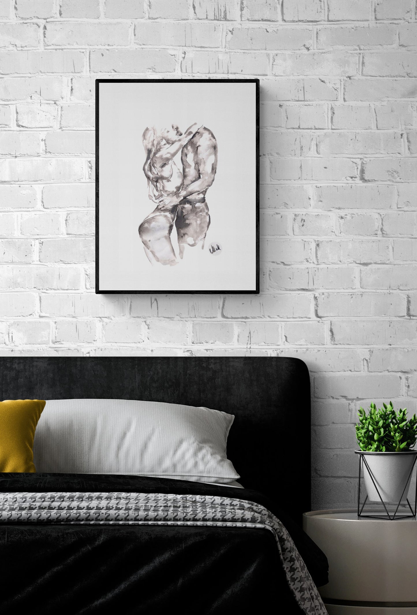 Black and white minimalist erotic ink painting, perfect for bedroom or bathroom decor. A romantic love artwork, ideal as a lovers' gift or partner gift. Minimalist bedroom wall decor