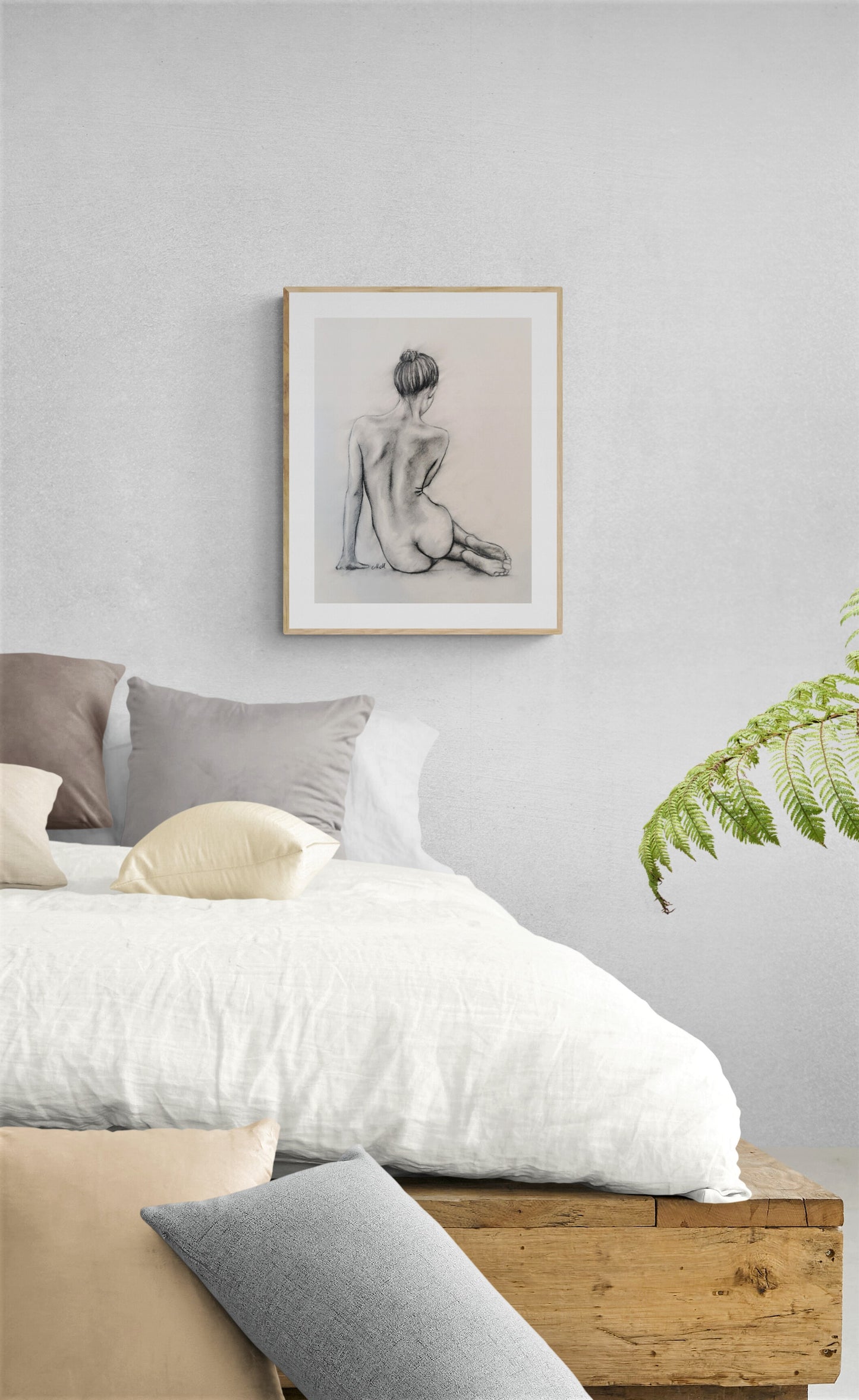 Nude Woman Charcoal Drawing – Female Figure
This erotic artwork charcoal drawing is a beautiful blend of sensuality and elegance. The romantic picture captures the female figure in a way that is both intimate and shy, making it the perfect addition to your bedroom wall art or bathroom decor.
Created with charcoal on light beige paper, this piece brings the raw beauty of the human form to life with delicate yet bold strokes.
Size: 35 cm x 46 cm (14" x 18")