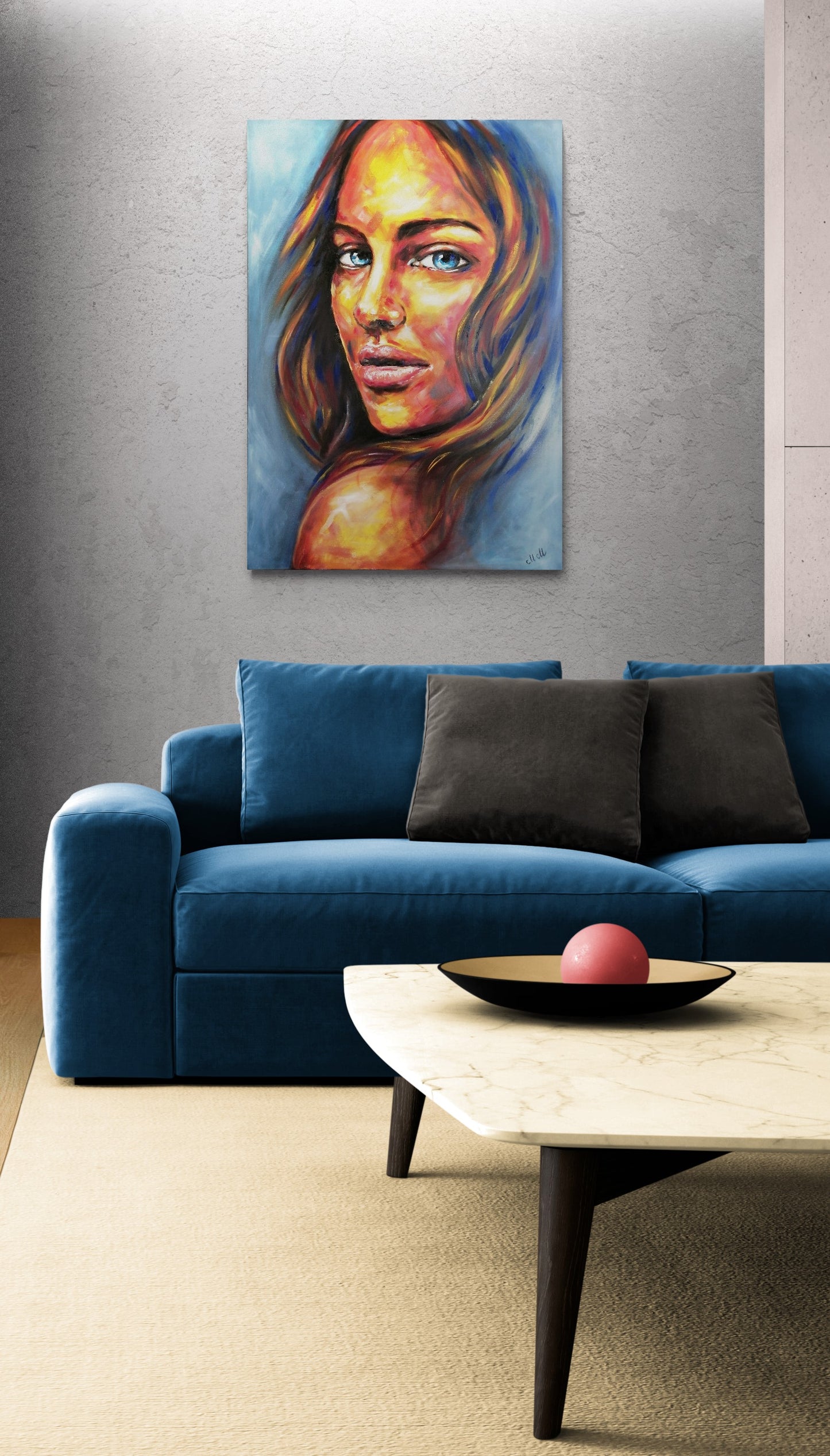 Woman in blue is Extra Large Colorful portrait painting
This vibrant portrait painting celebrates strength and beauty, making it a stunning statement painting for a modern home.
Created with rich oil colors on canvas, the expressive brushstrokes and textured layers add depth and emotion to this extra-large wall art.
Perfect for those who love colorful face paintings, this striking female portrait will enhance any living room, bedroom, or home gallery with its unique charm.