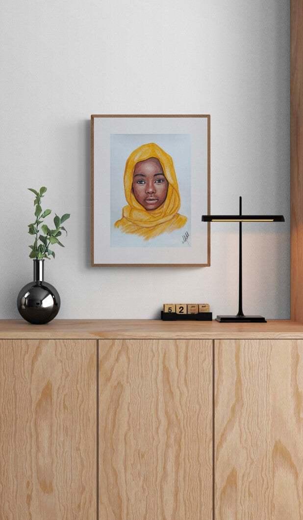 Gentle african girl with yellow scarf - home wall decor. Original oil pastel portrait painting on velour paper is unique portrait artwork that brings elegance to your home.