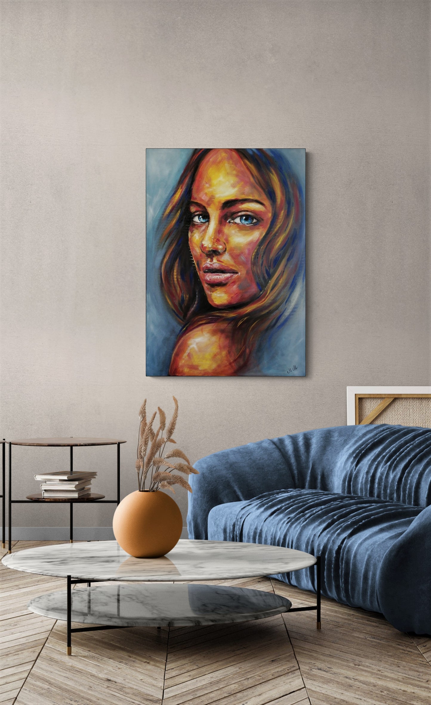 Woman in blue is Extra Large Colorful portrait painting
This vibrant portrait painting celebrates strength and beauty, making it a stunning statement painting for a modern home.
Created with rich oil colors on canvas, the expressive brushstrokes and textured layers add depth and emotion to this extra-large wall art.
Perfect for those who love colorful face paintings, this striking female portrait will enhance any living room, bedroom, or home gallery with its unique charm.