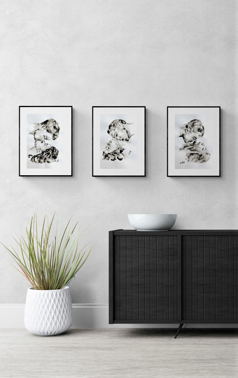 Painted in flowing black ink and water, this minimalist piece reveals how little it takes to express everything — love, warmth, and connection.
Printed on natural white, matte, heavyweight fine art paper, this elegant wall art brings a touch of Nordic calm and romantic depth to any space.
Perfect as bedroom wall art, a gift for couples, or a special anniversary present.
