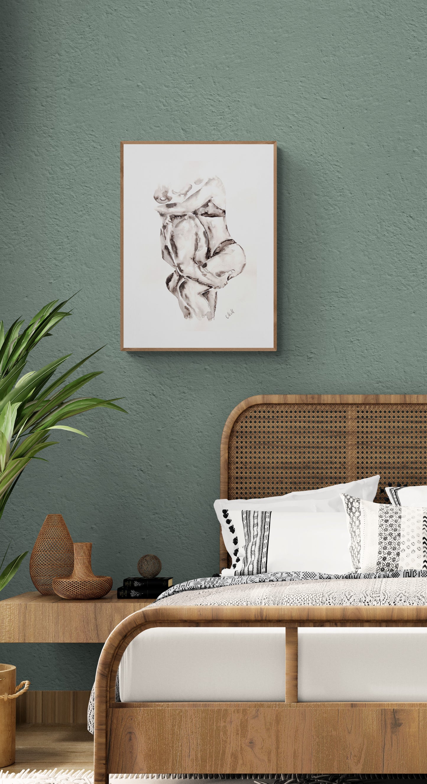Original black and white ink wall art. Minimalist couple painting capturing love and intimacy. Elegant black and white artwork, perfect for bedroom decor, bathroom painting or a romantic gift for lover or partner