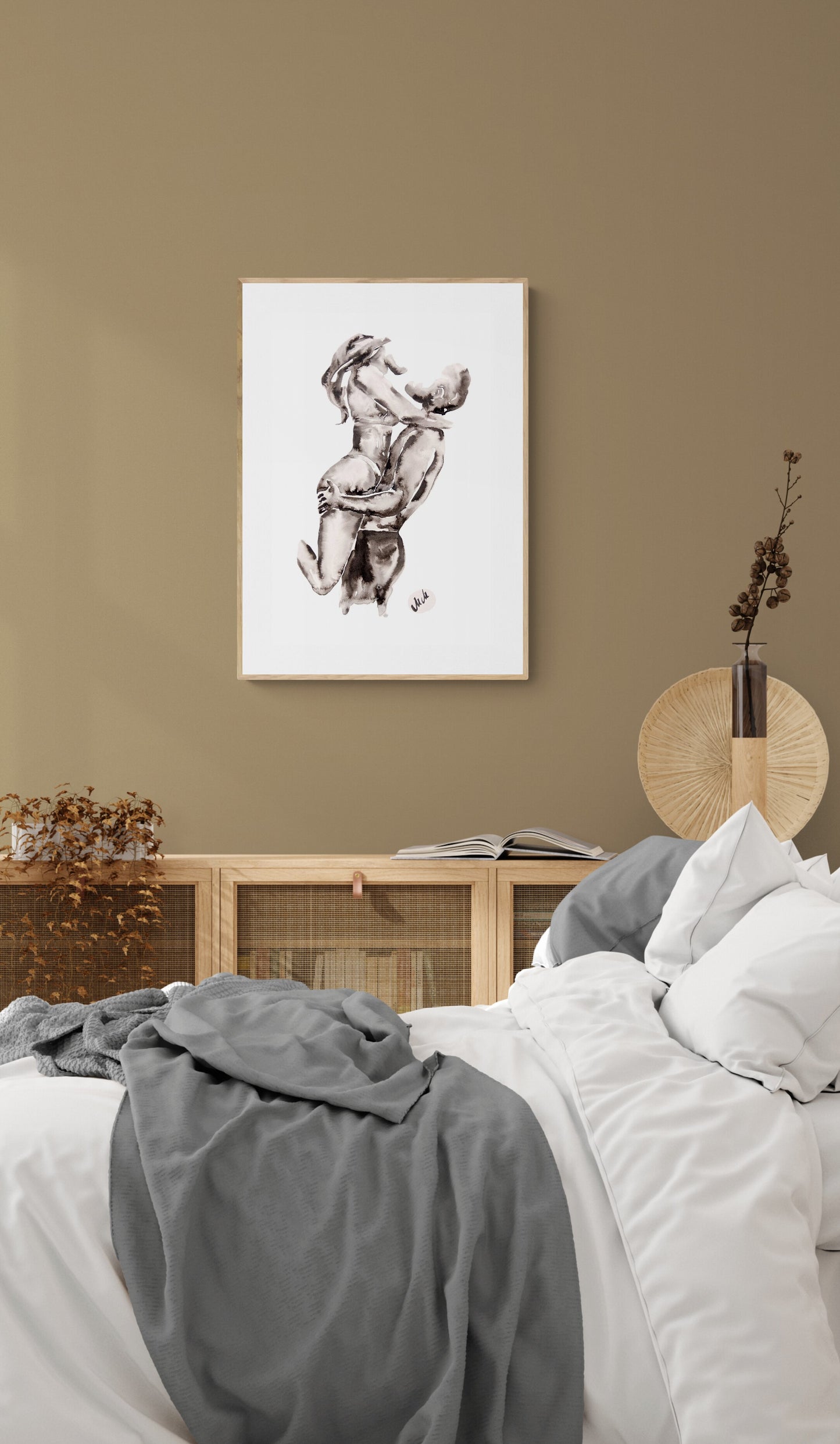 Watercolor painting of a couple embracing, black and white romantic artwork, intimate love illustration, perfect above-bed decor or unique couple gift.