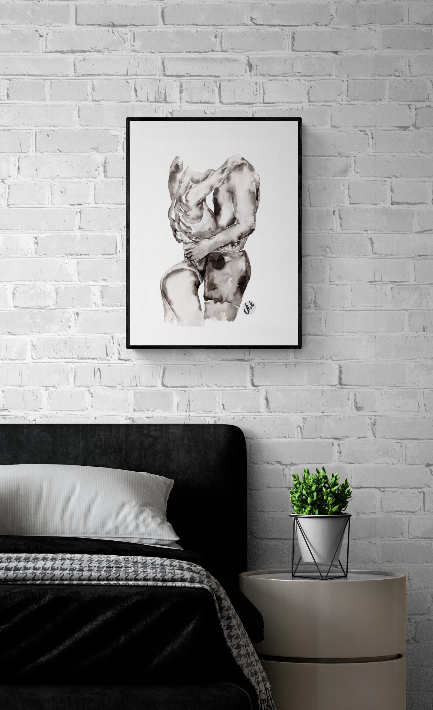 Original black and white ink wall art. Minimalist couple painting capturing love and intimacy. Elegant erotic/romantic artwork, perfect for bedroom decor, bathroom painting or a romantic gift for lover or partner