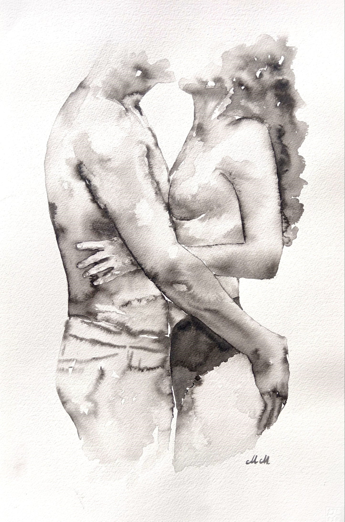 Black ink painting of a couple embracing, intimate and romantic artwork, minimalist above-bed decor, perfect gift for couples, hand-painted on heavy matte art paper.
