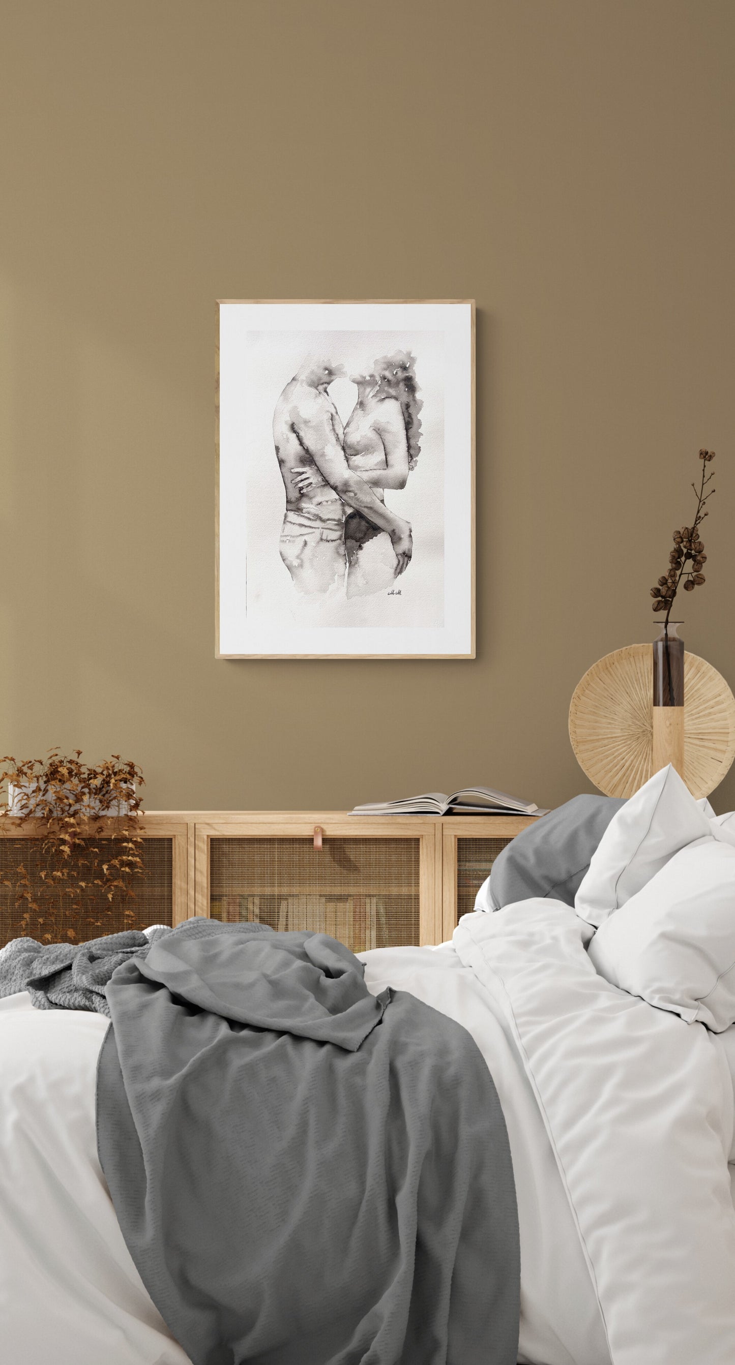 Black ink painting of a couple embracing, intimate and romantic artwork, minimalist above-bed decor, perfect gift for couples, hand-painted, bedroom painting