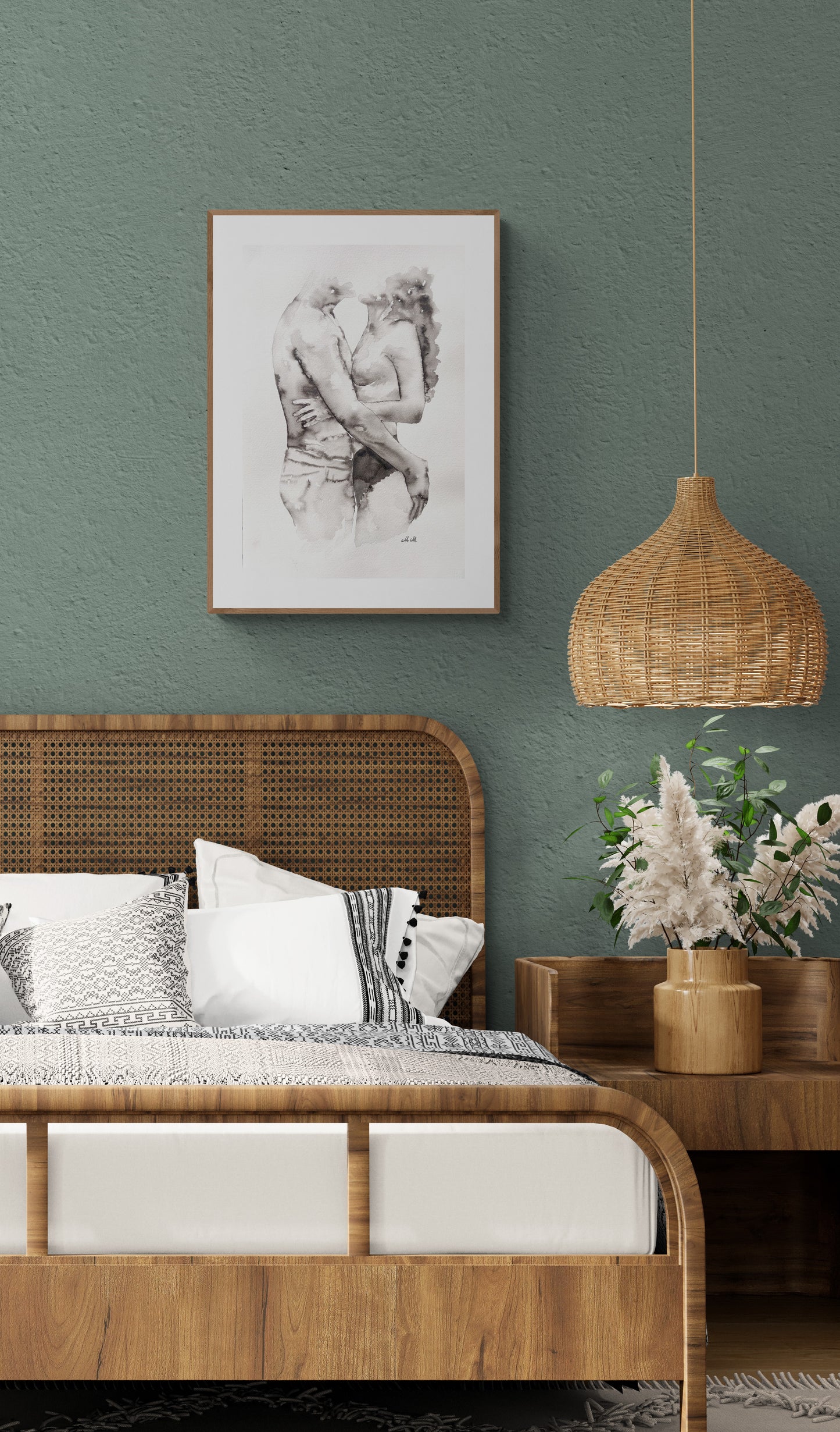 Black ink painting of a couple embracing, intimate and romantic artwork, minimalist above-bed decor, perfect gift for couples, hand-painted on heavy matte art paper.