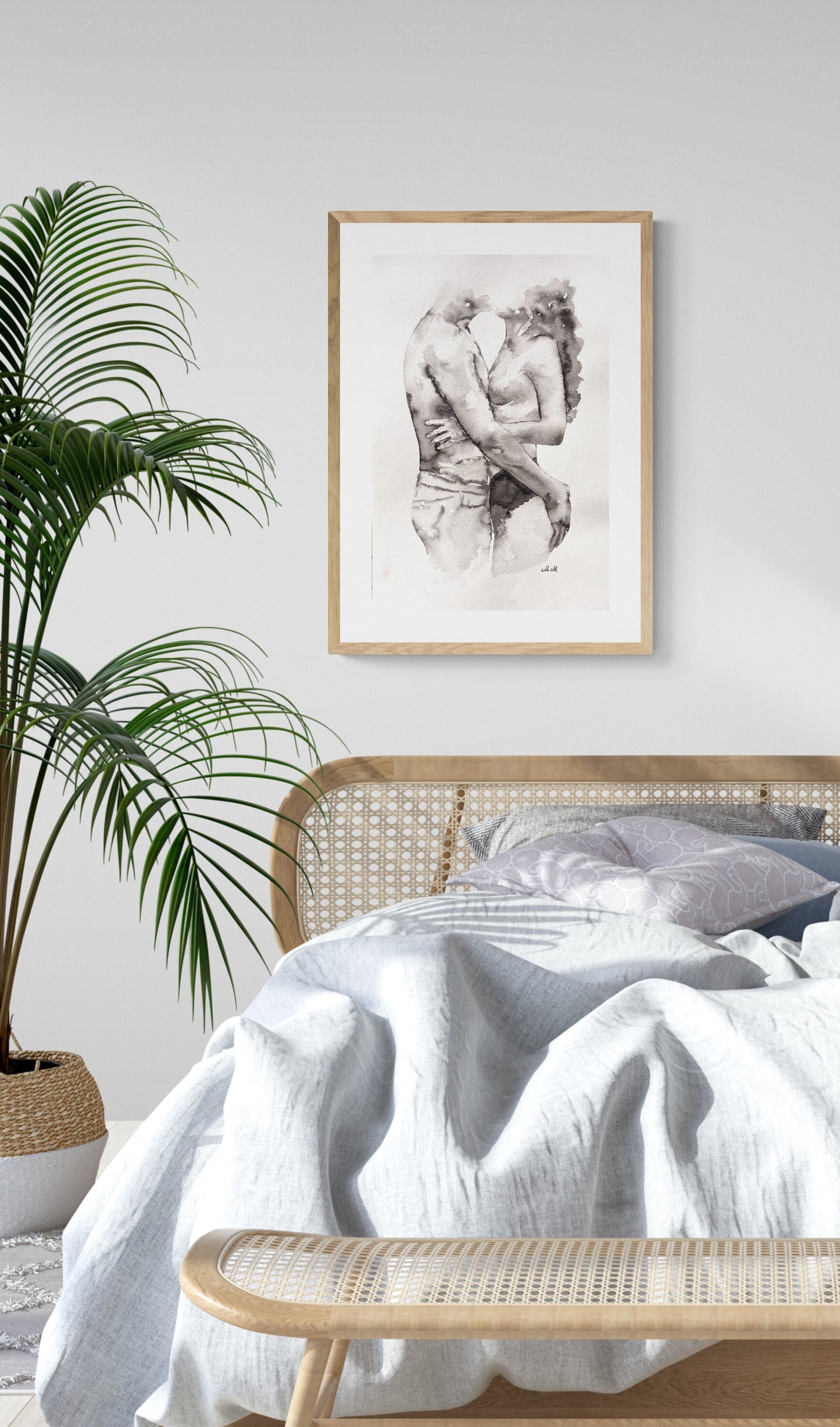 Black ink painting of a couple Bohemian style bedroom painting, scandinavian style bedroom painting, embracing, intimate and romantic artwork, minimalist above-bed decor, perfect gift for couples, hand-painted