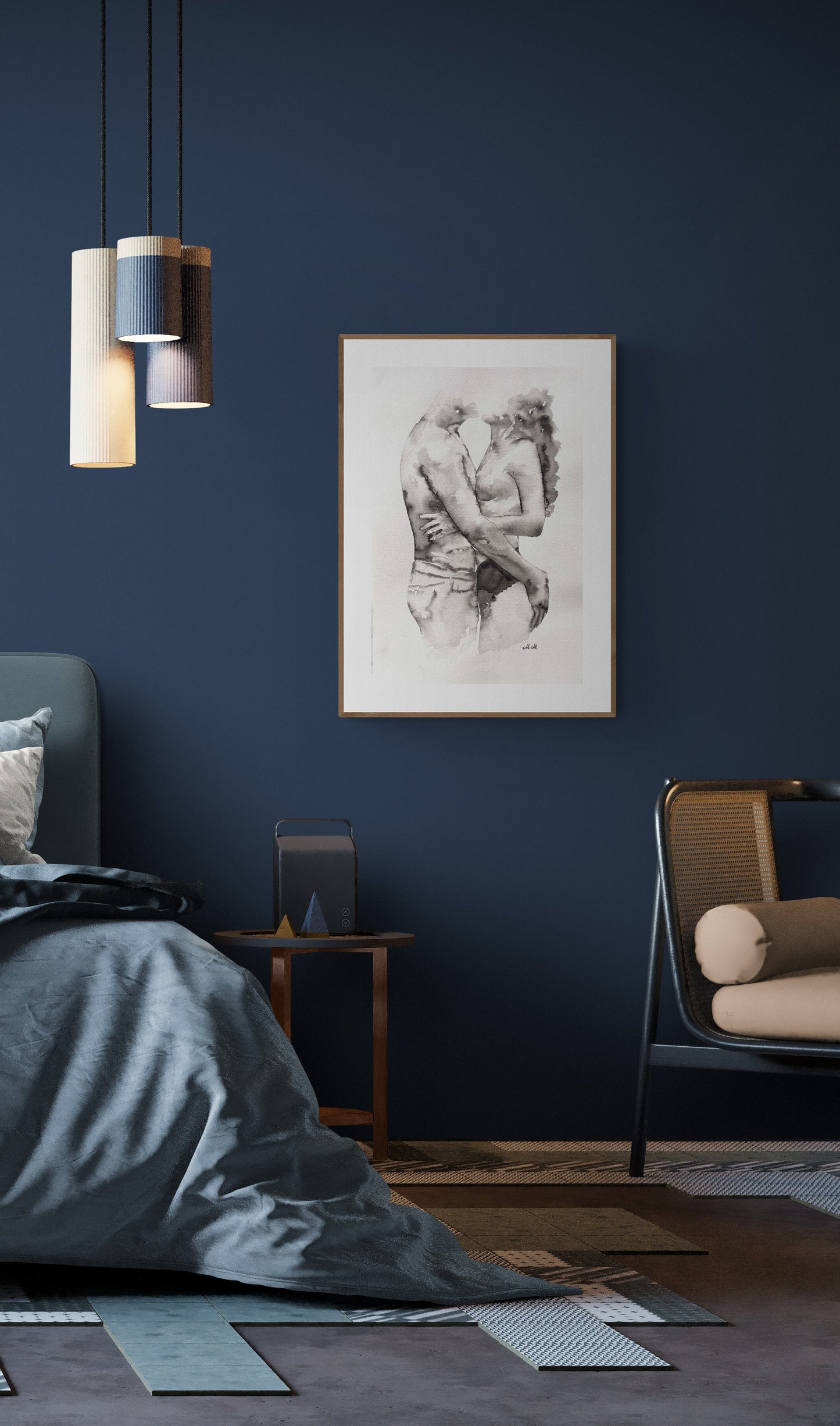 Black ink painting of a couple embracing, intimate and romantic artwork, minimalist above-bed decor, perfect gift for couples, hand-painted, inustrial bedroom wall art, loft bedroom wall art, loft painting