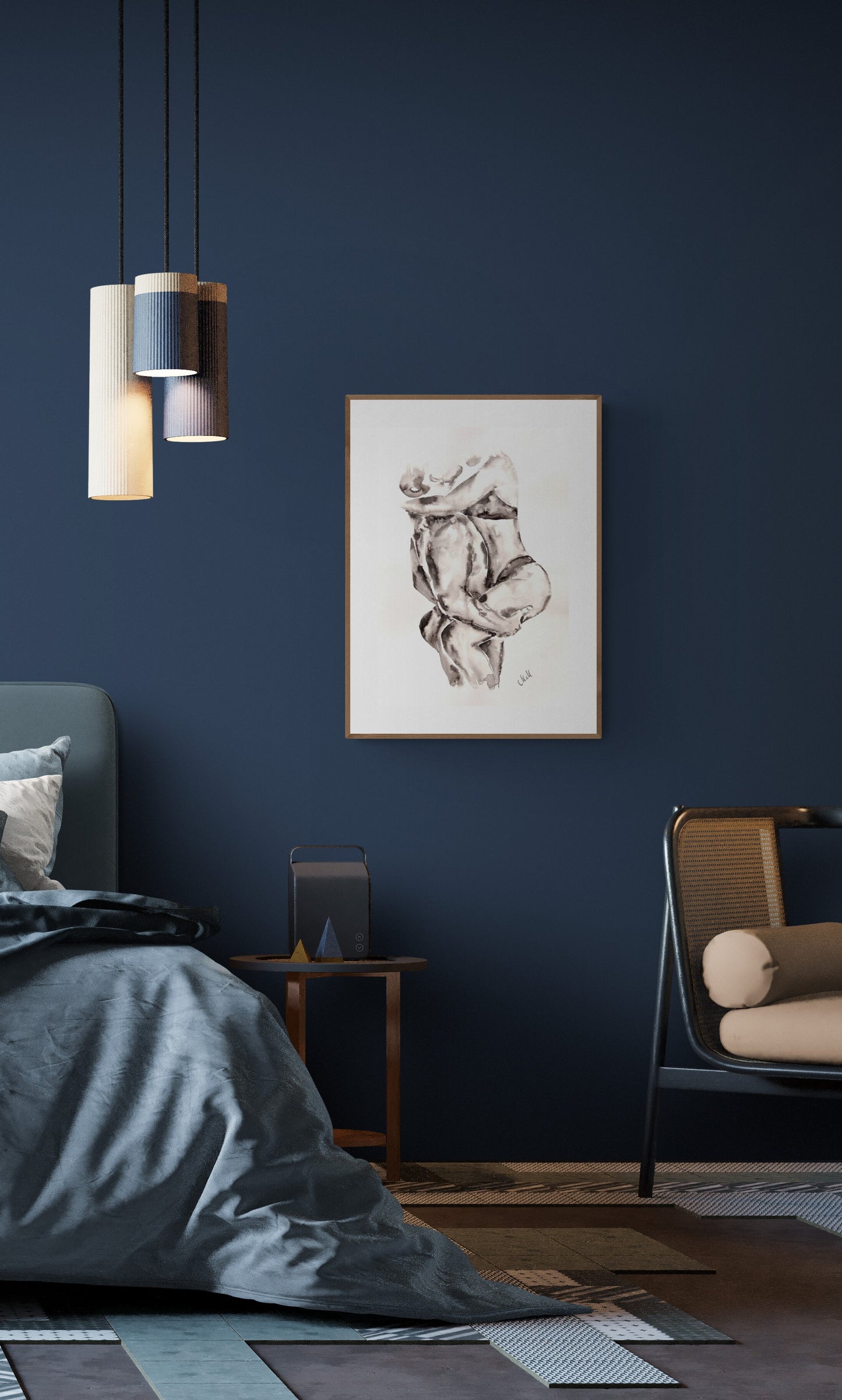 Original black and white ink wall art. Minimalist couple painting capturing love and intimacy. Elegant black and white artwork, perfect for bedroom decor, bathroom painting or a romantic gift for lover or partner
