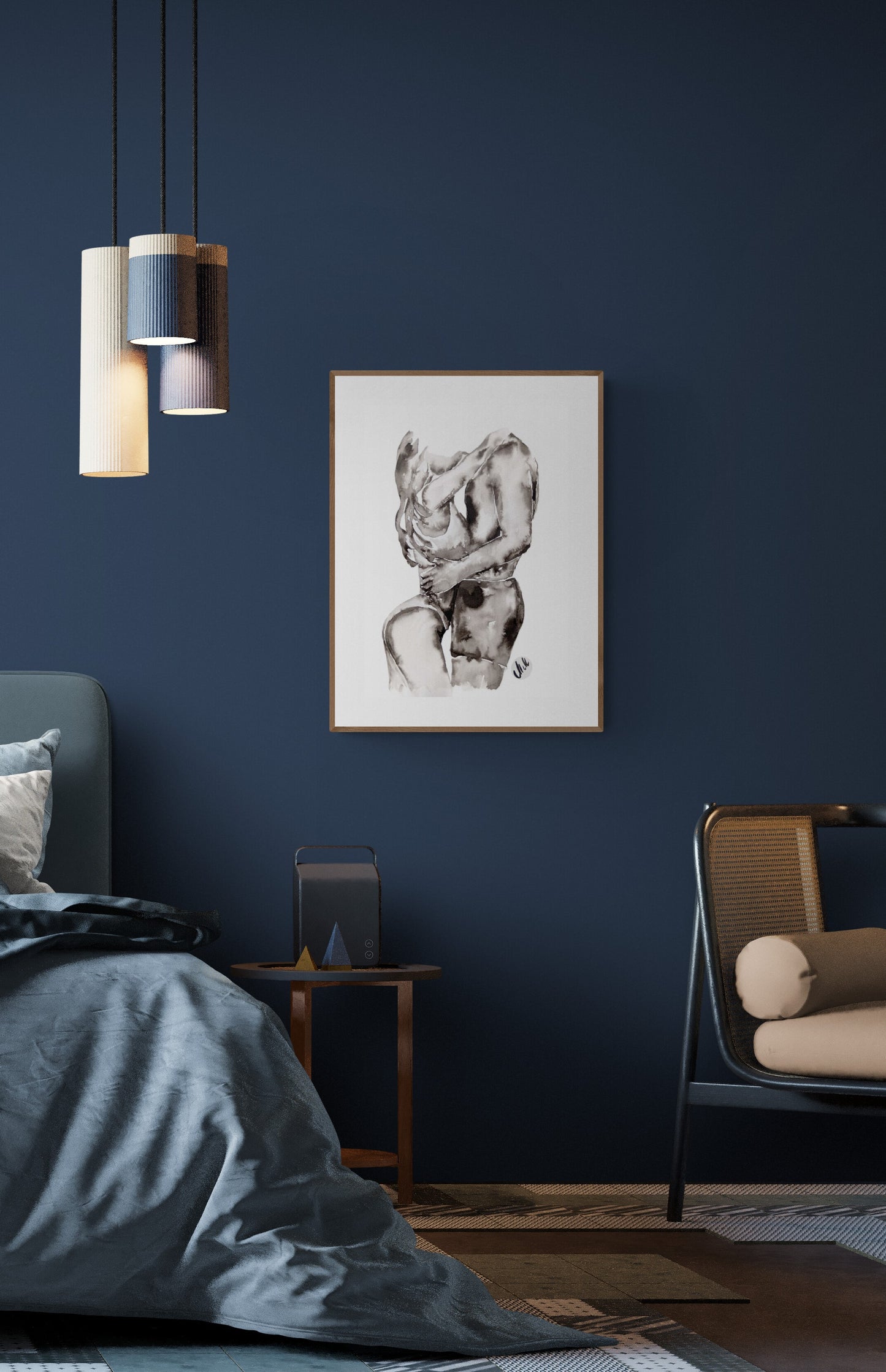 Original black and white ink wall art. Minimalist couple painting capturing love and intimacy. Elegant erotic/romantic artwork, perfect for bedroom decor, bathroom painting or a romantic gift for lover or partner