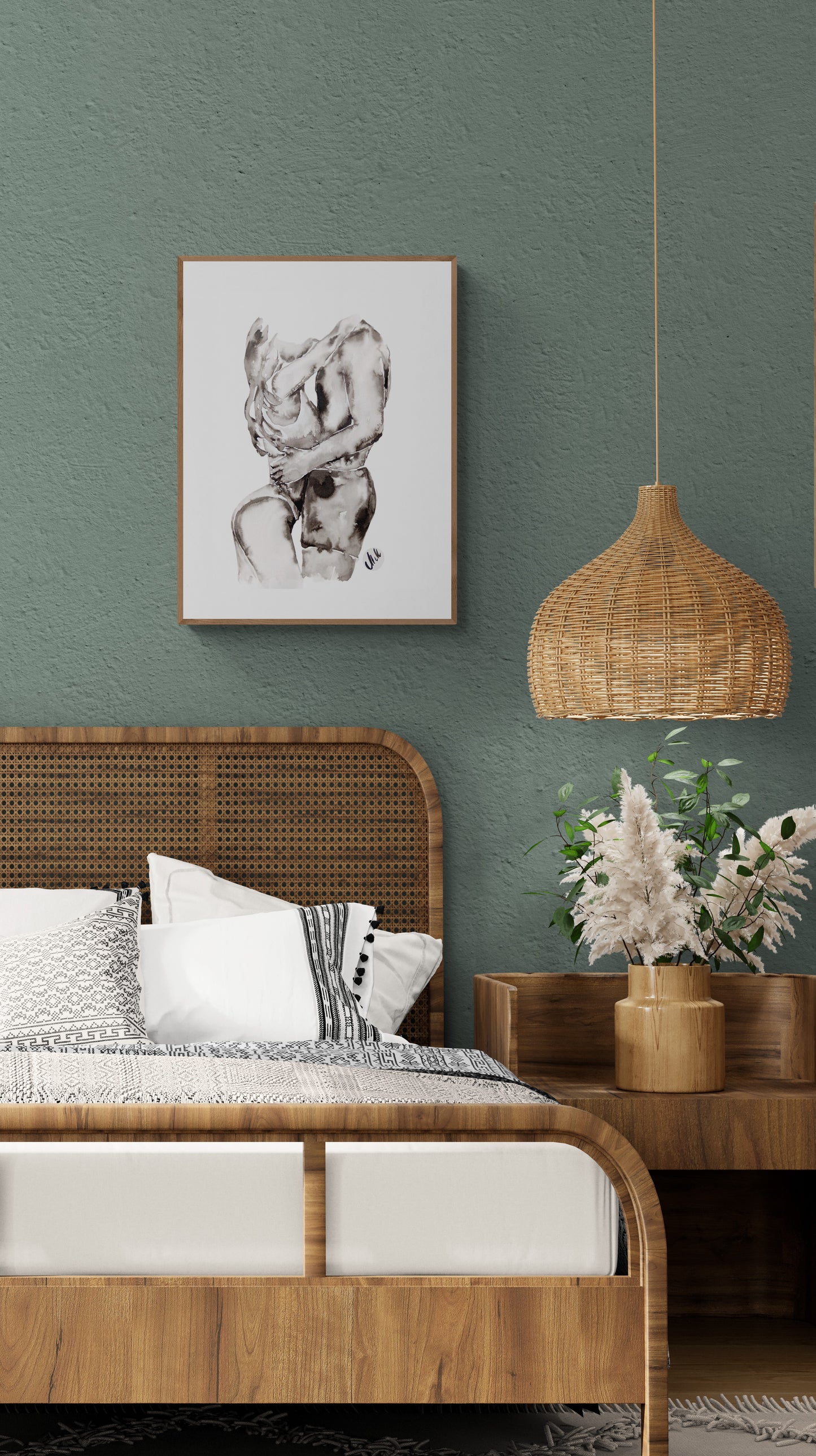 Original black and white ink wall art. Minimalist couple painting capturing love and intimacy. Elegant erotic/romantic artwork, perfect for bedroom decor, bathroom painting or a romantic gift for lover or partner