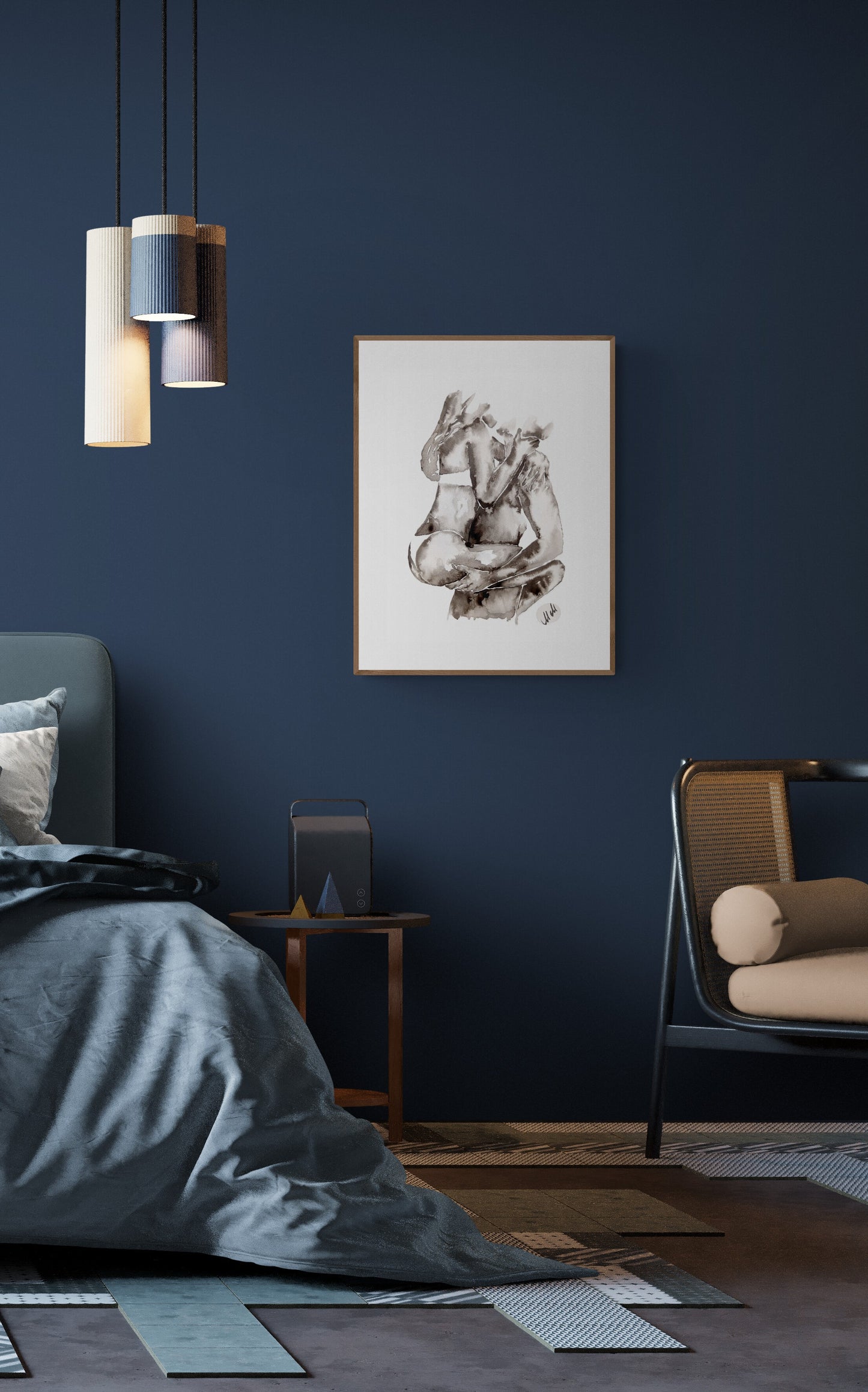 Original black and white ink wall art. Minimalist couple painting capturing love and intimacy. Elegant erotic/romantic artwork, perfect for bedroom decor, bathroom painting or a romantic gift for lover or partner
