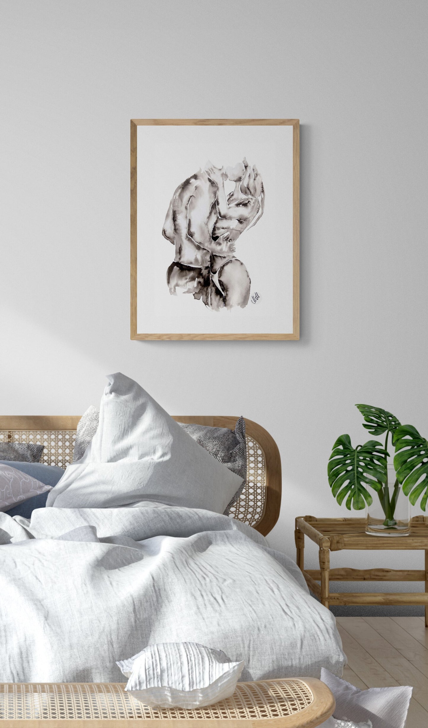 Original black and white ink wall art. Minimalist couple painting capturing love and intimacy. Elegant erotic/romantic artwork, perfect for bedroom decor, bathroom painting or a romantic gift for lover or partner