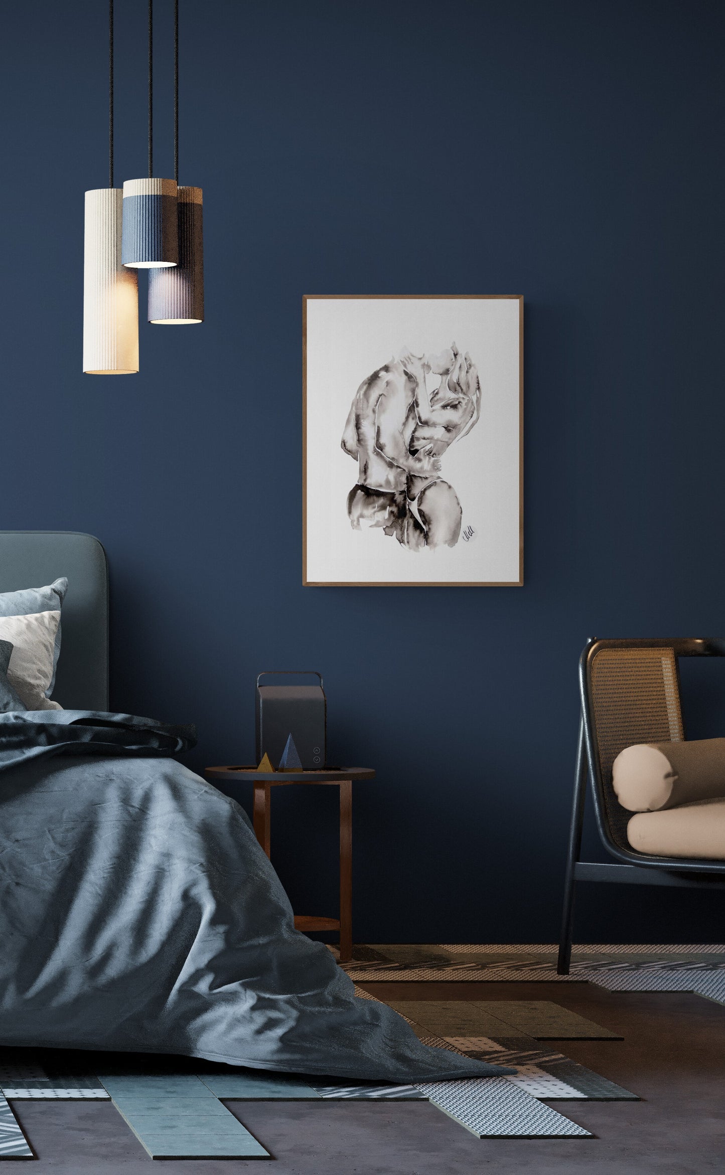 Original black and white ink wall art. Minimalist couple painting capturing love and intimacy. Elegant erotic/romantic artwork, perfect for bedroom decor, bathroom painting or a romantic gift for lover or partner
