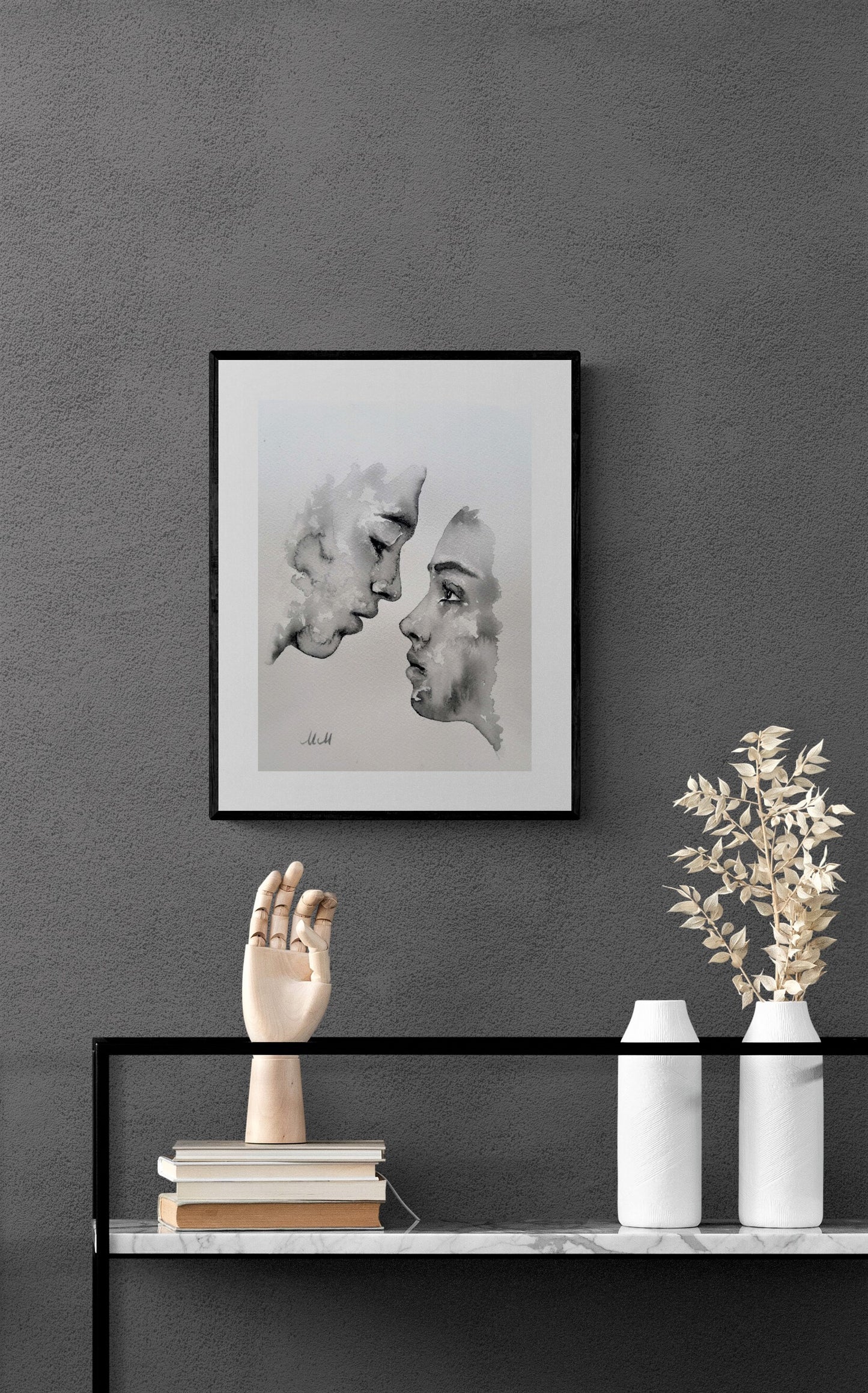 Celebrate the beauty of love through simplicity.
Lovers Kiss is a minimalist ink painting that captures an intimate moment - two souls meeting in a timeless embrace. With just water and a touch of black pigment, the piece reveals how little it takes to express everything.
Printed on natural white, matte, heavy art paper, each artwork carries a quiet elegance and organic texture that complements any modern or romantic interior.
Perfect as bedroom wall art, a wedding or anniversary gift, or a heartfelt prese