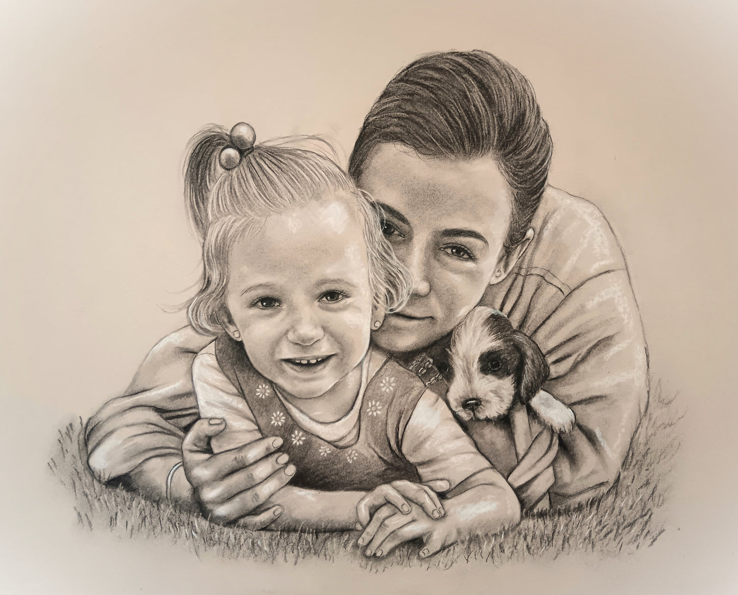 Pencil drawing of a woman and child with a puppy on a beige background