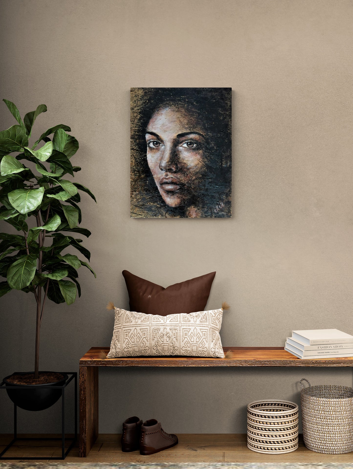 Experience the elegance of a female portrait with this stunning wood wall art.
Textured painting beautifully captures the depth and emotion of a woman's face, blending expressive acrylic strokes with the natural charm of reclaimed wood.
This rustic painting is a true statement piece, adding warmth and character to any modern living room or bedroom wall.
Female portrait Size: 49 cm x 60 cm (19" x 24") Ready to hang for effortless display.