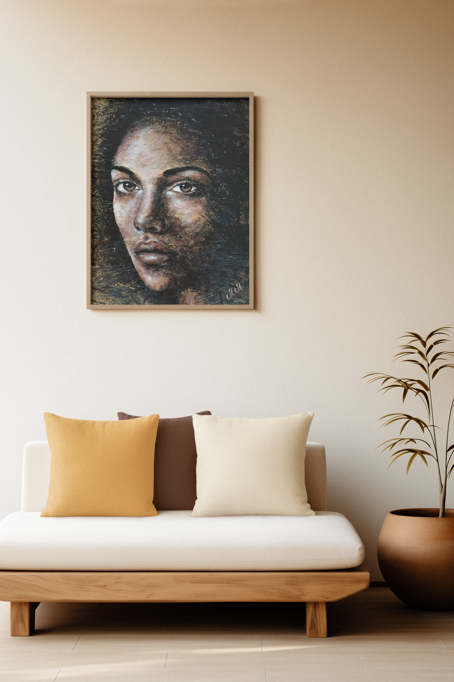 Experience the elegance of a female portrait with this stunning wood wall art.
Textured painting beautifully captures the depth and emotion of a woman's face, blending expressive acrylic strokes with the natural charm of reclaimed wood.
This rustic painting is a true statement piece, adding warmth and character to any modern living room or bedroom wall.
Female portrait Size: 49 cm x 60 cm (19" x 24") Ready to hang for effortless display.
