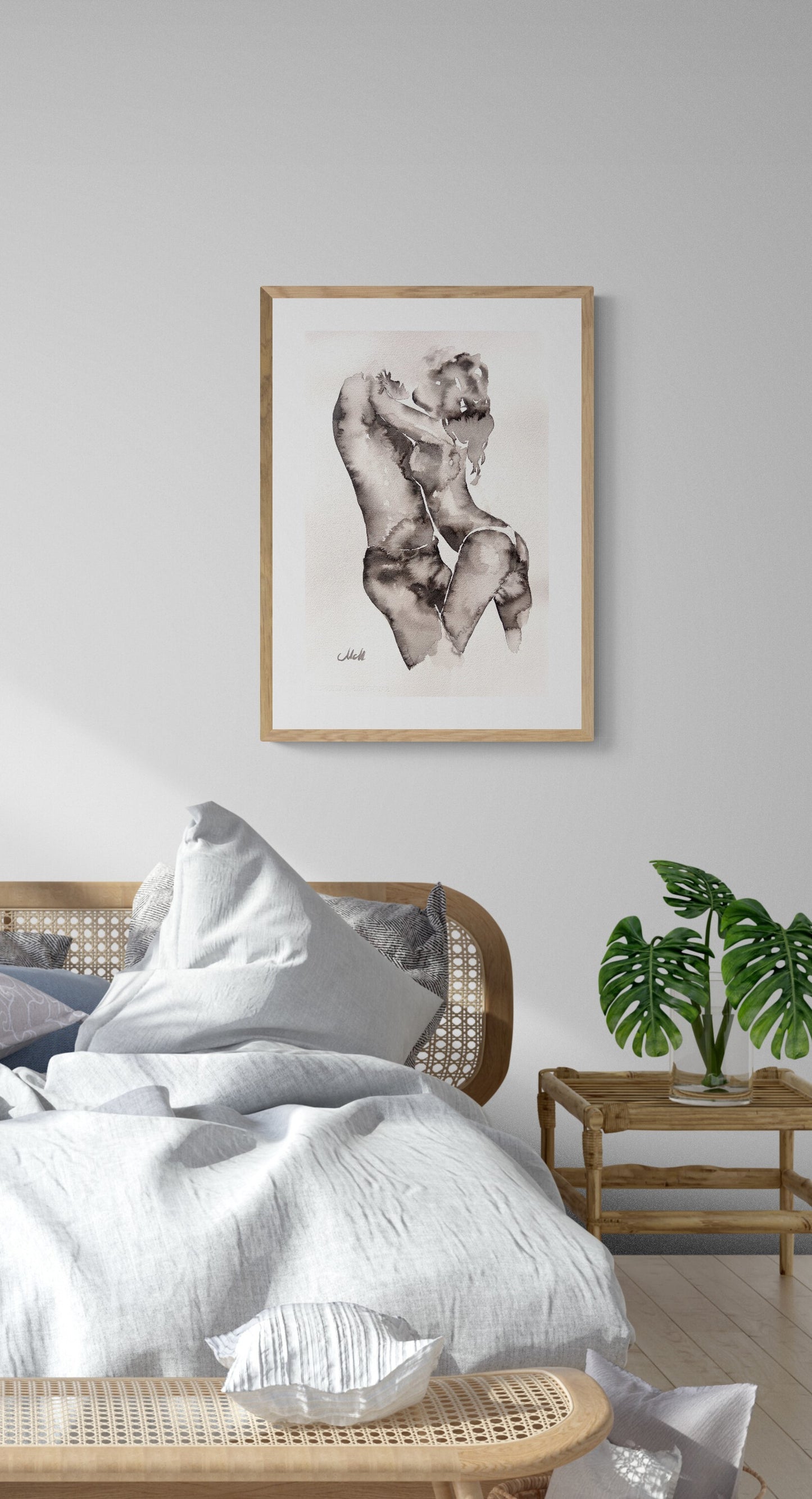 black an white ink painting of a couple embracing, black and white romantic artwork, intimate love illustration, perfect above-bed decor or unique couple gift. minimalist wall art, bedroom painting, bathroom painting