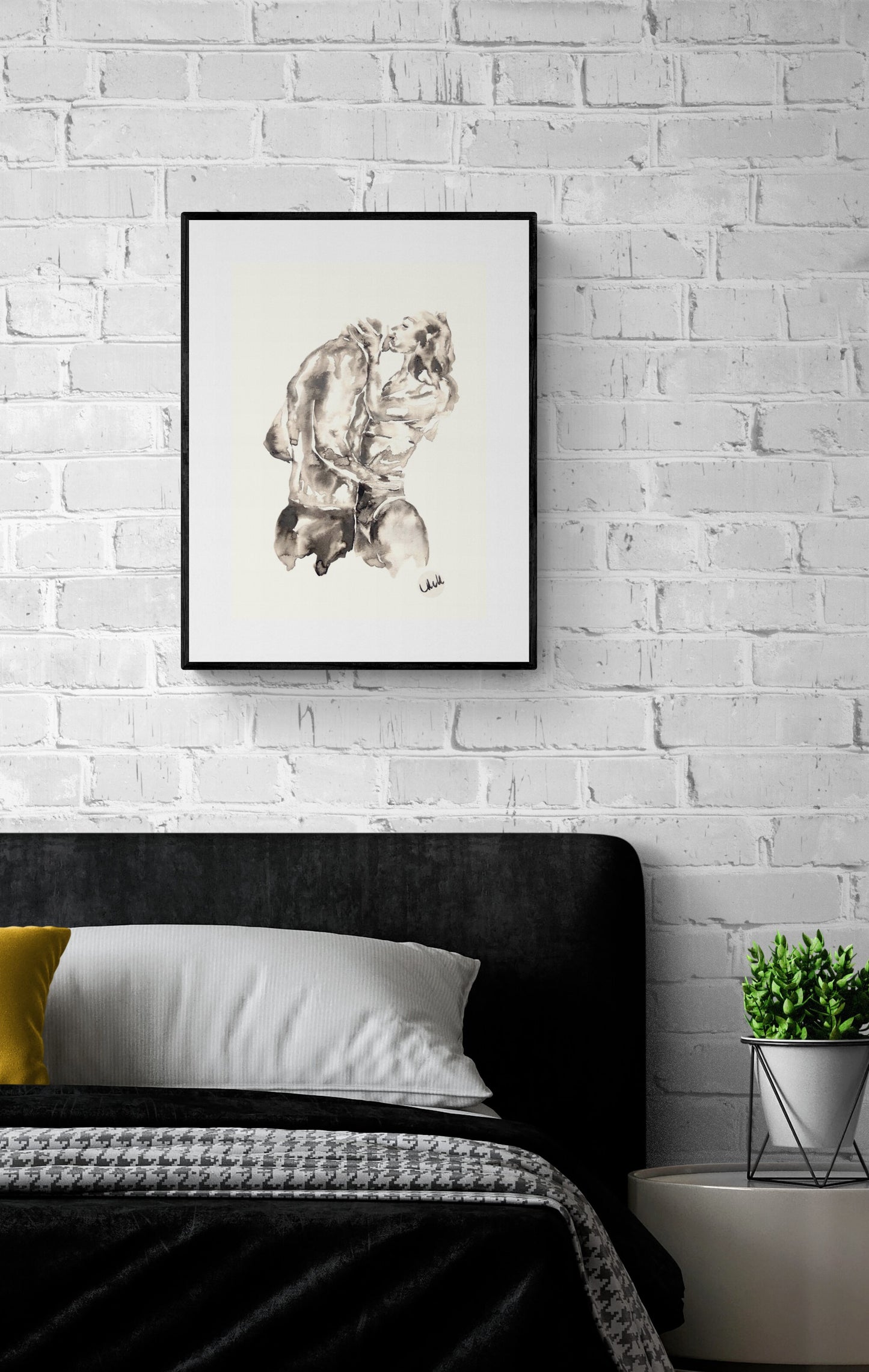 Black and white minimalist erotic ink painting, perfect for bedroom or bathroom decor. A simple romantic love artwork, ideal as a lovers' gift or partner gift.