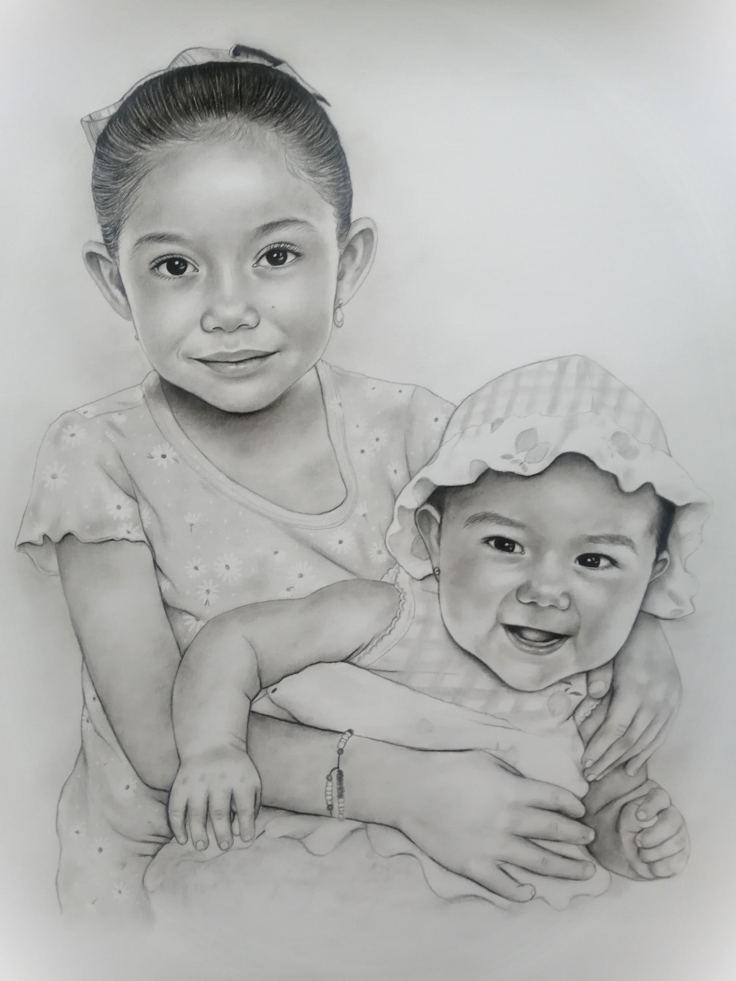 Sisters - commission portrait drawing of kids - charcoal portrait from photo
