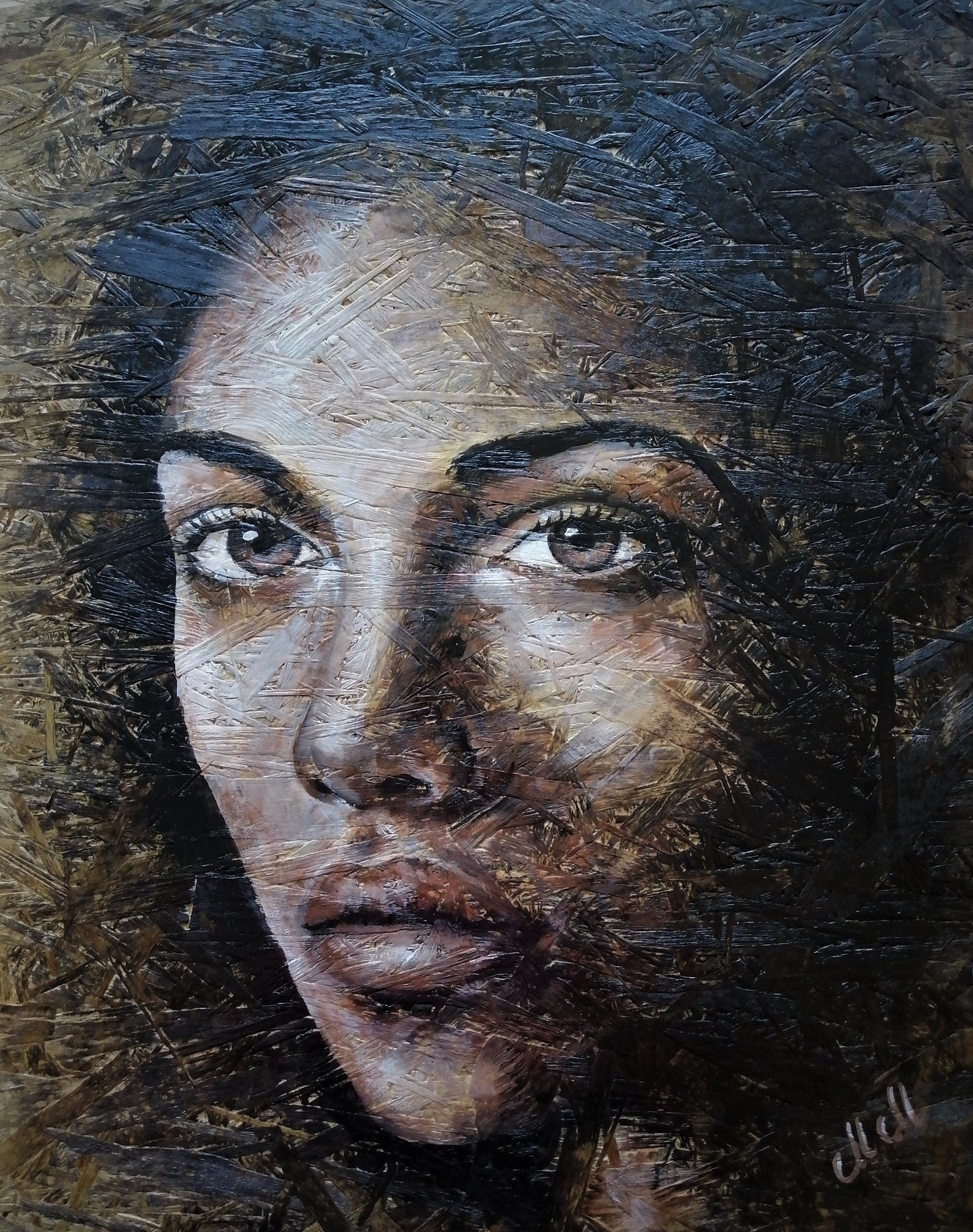 Hand-painted face portrait on reclaimed OSB wood panel, modern rustic wall art, textured acrylic painting, unique home decor, 49 cm x 60 cm, ready to hang.
hand-painted face portrait on reclaimed OSB wood panel, modern rustic wall art, textured acrylic painting, unique home decor, 49 cm x 60 cm, ready to hang.