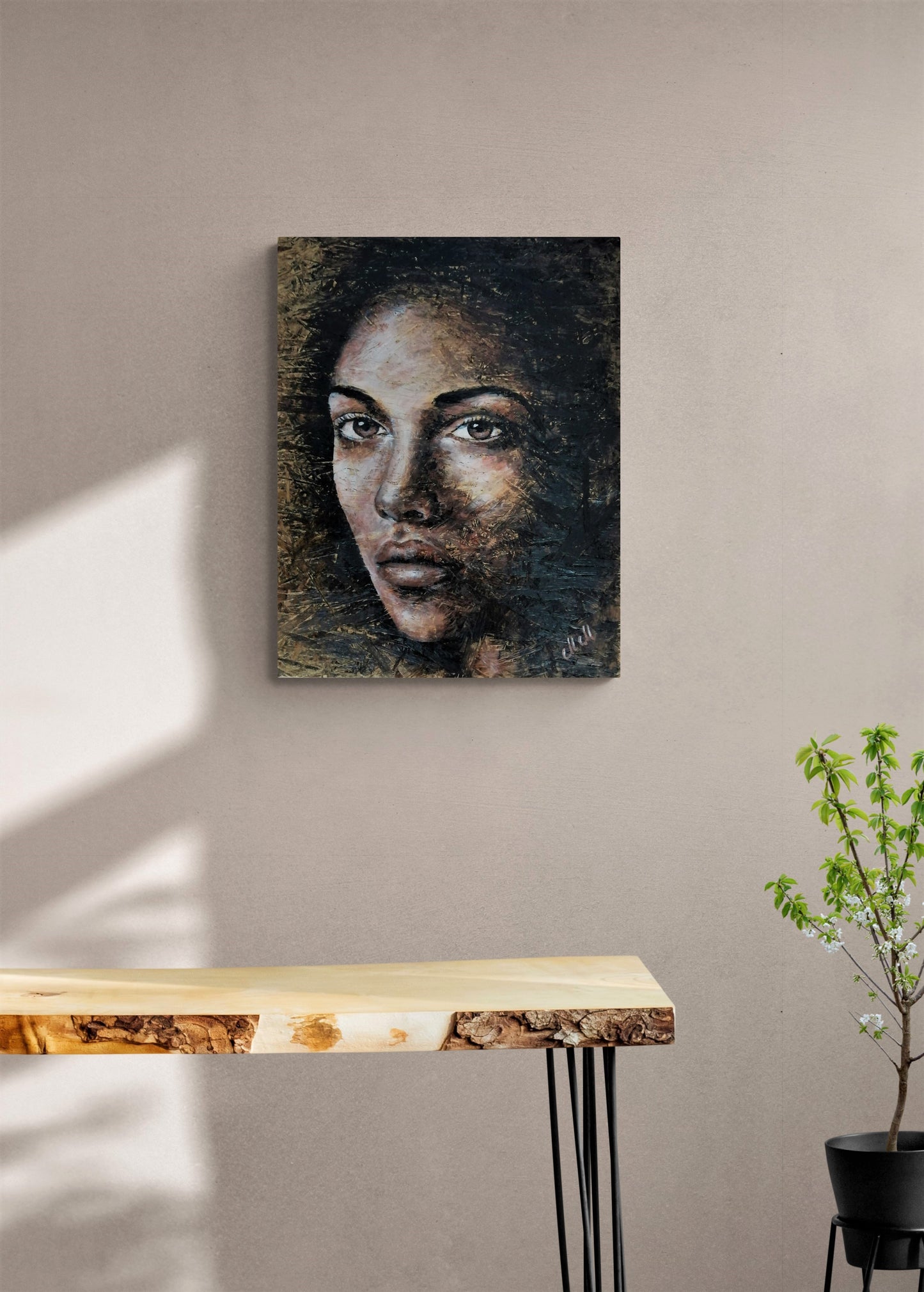 Experience the elegance of a female portrait with this stunning wood wall art.
Textured painting beautifully captures the depth and emotion of a woman's face, blending expressive acrylic strokes with the natural charm of reclaimed wood.
This rustic painting is a true statement piece, adding warmth and character to any modern living room or bedroom wall.
Female portrait Size: 49 cm x 60 cm (19" x 24") Ready to hang for effortless display.