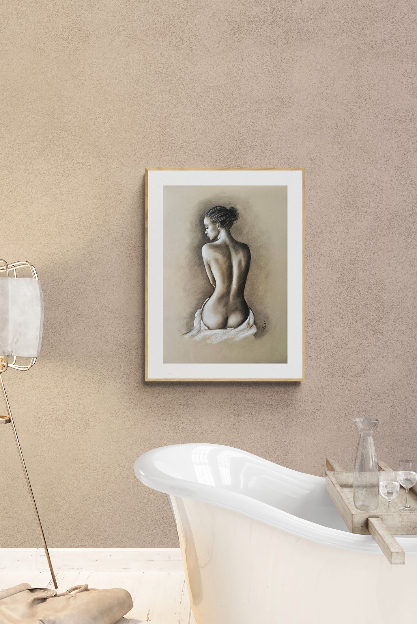 This intimate and elegant charcoal figure drawing captures the delicate balance between sensuality and subtlety. A celebration of feminine beauty, it brings a touch of romance and mystery to any space.
Perfect for above-bed decor, it creates a warm, inviting atmosphere, just enough seductive yet gracefully understated.
Each stroke of charcoal on recycled beige art paper highlights the soft curves and expressive form, making this nude woman artwork a timeless piece.