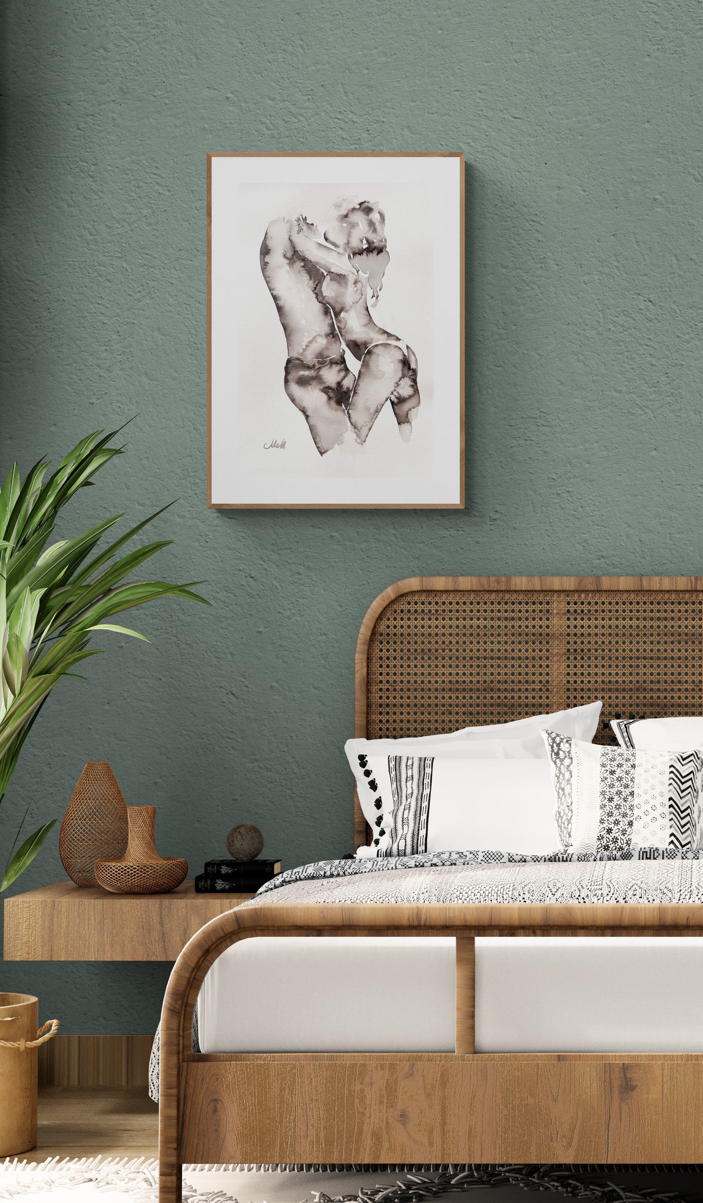 black an white ink painting of a couple embracing, black and white romantic artwork, intimate love illustration, perfect above-bed decor or unique couple gift. minimalist wall art, bedroom painting, bathroom painting