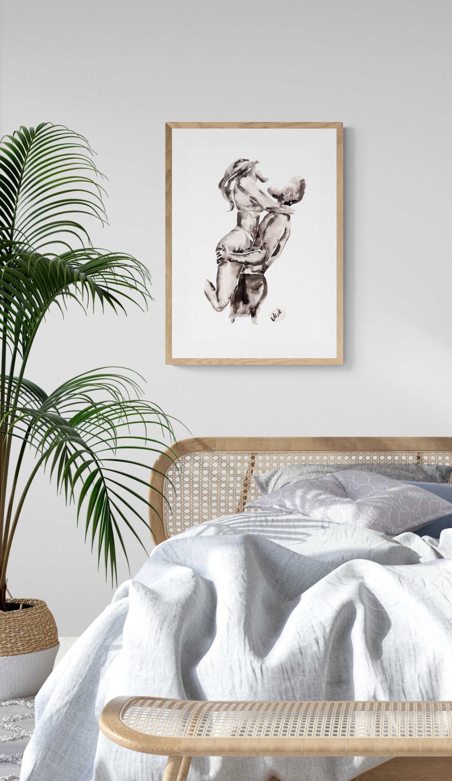 Watercolor painting of a couple embracing, black and white romantic artwork, intimate love illustration, perfect above-bed decor or unique couple gift.