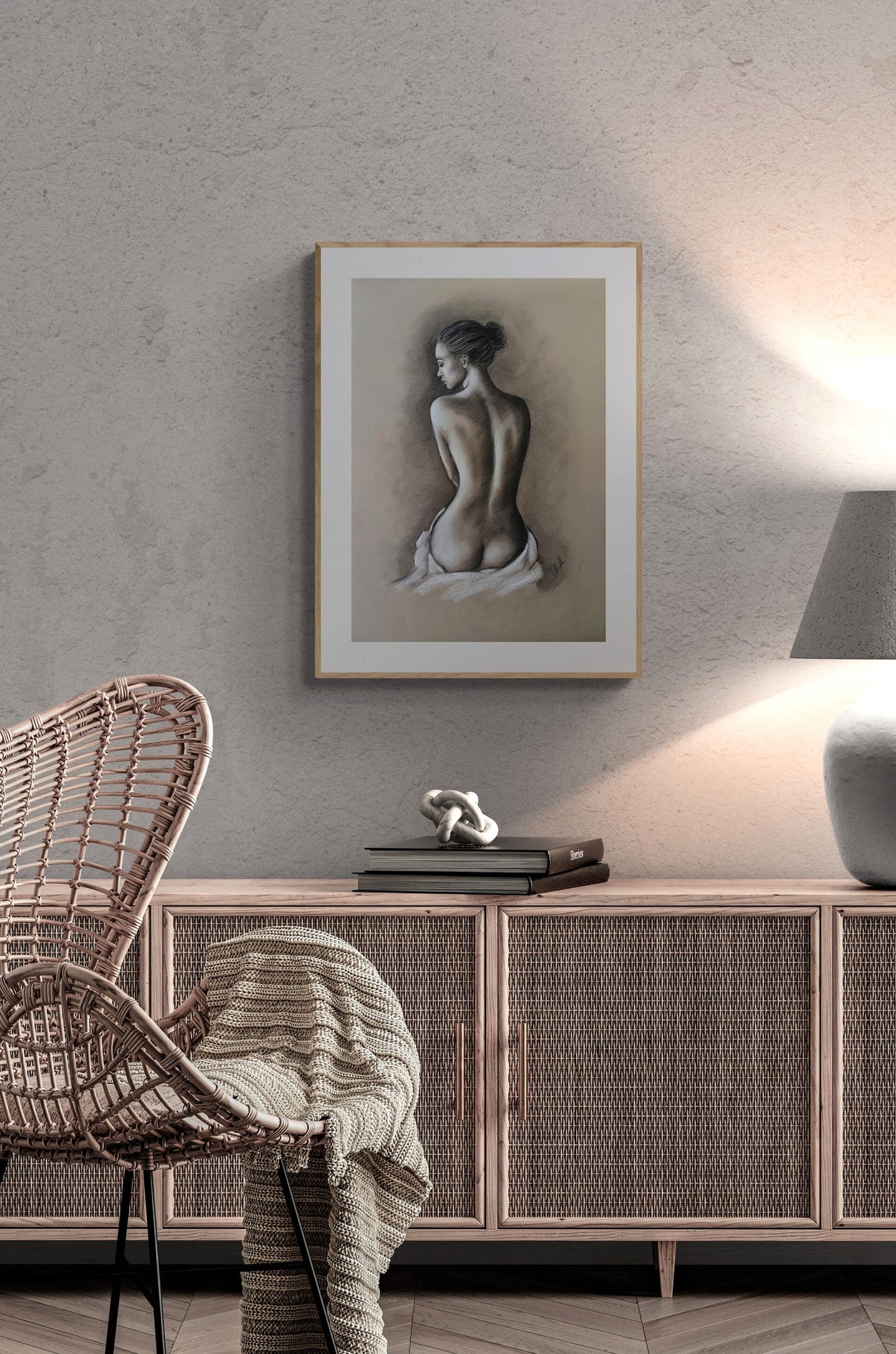 This intimate and elegant charcoal figure drawing captures the delicate balance between sensuality and subtlety. A celebration of feminine beauty, it brings a touch of romance and mystery to any space.
Perfect for above-bed decor, it creates a warm, inviting atmosphere, just enough seductive yet gracefully understated.
Each stroke of charcoal on recycled beige art paper highlights the soft curves and expressive form, making this nude woman artwork a timeless piece.