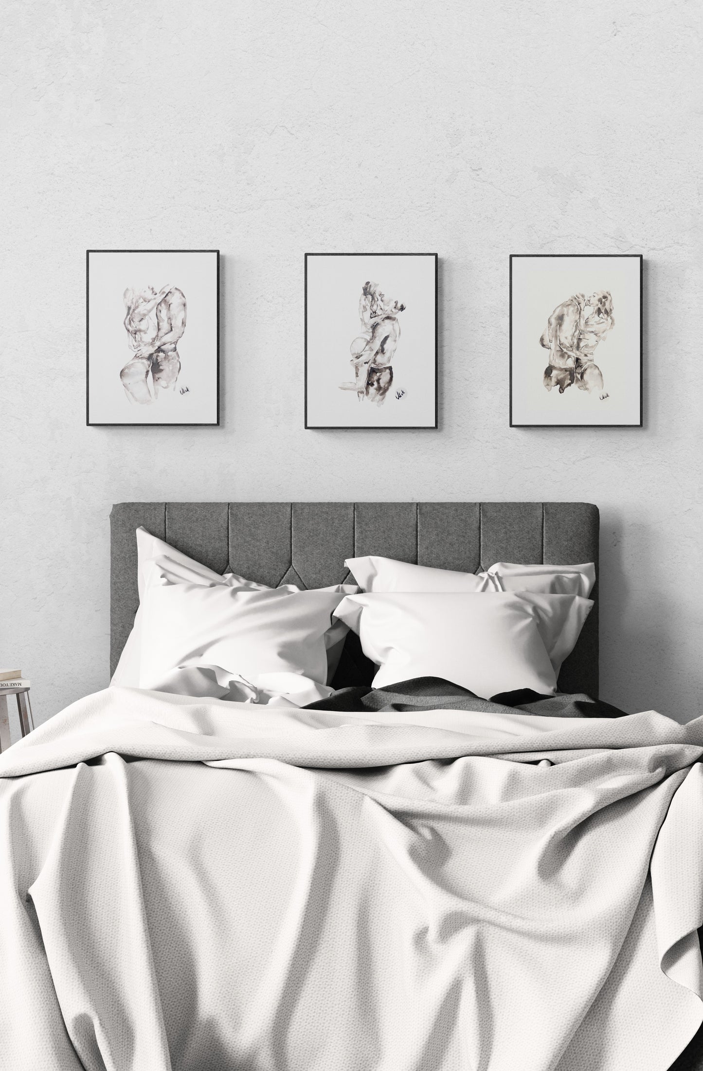 cozy-bedroom-wall decor - black and white minimalist wall artwork
This original ink artwork captures the intimate embrace of lovers.
With just water and delicate strokes of black ink, this minimalist piece radiates simplicity and elegance, making it a perfect above-bed painting or a unique gift for couples.
Created on natural white, matte, heavy art paper using high-quality ink. and lovers.
Size: 16" x 11" (42 cm x 29 cm)