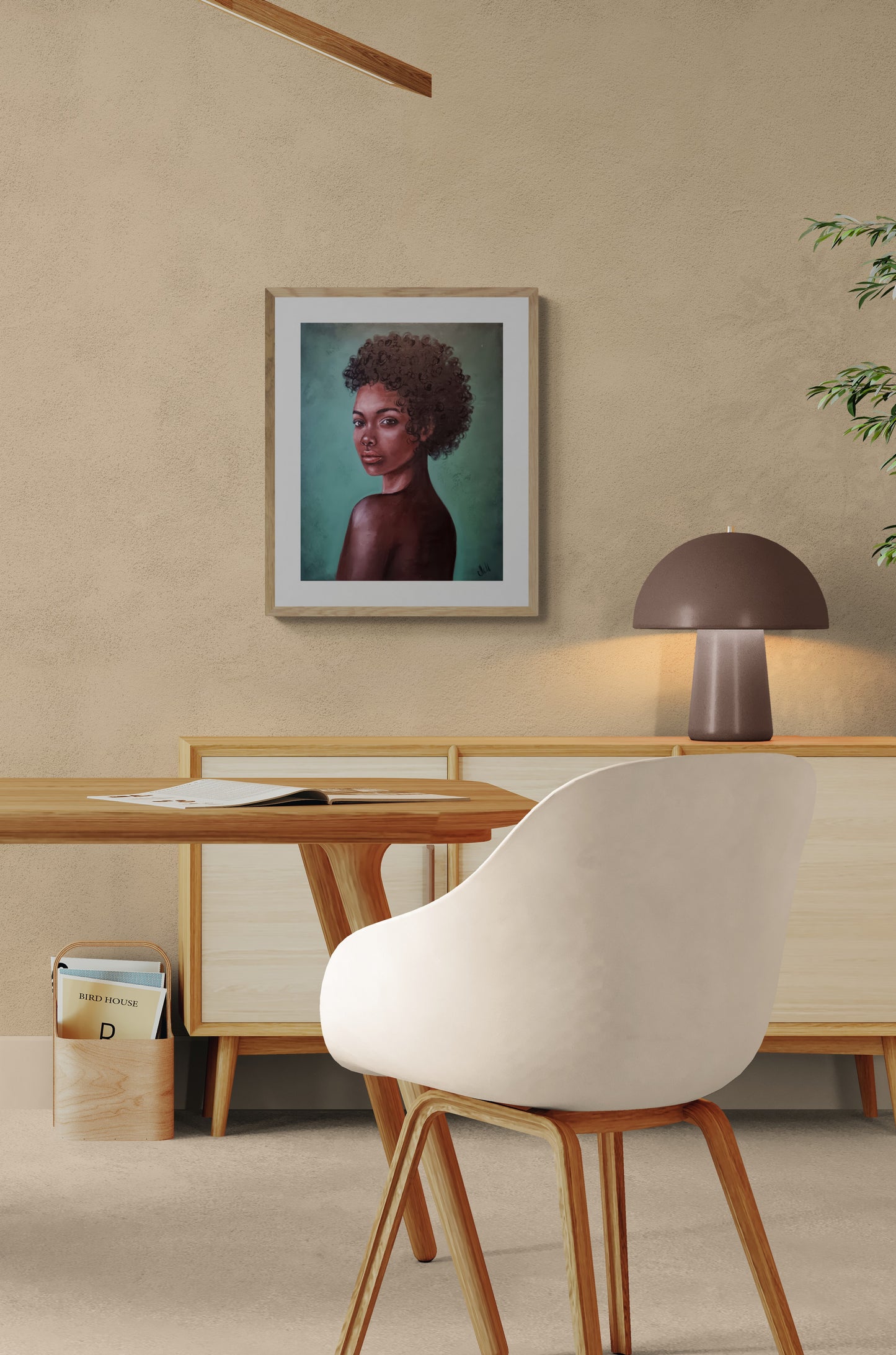 Dining room with a framed portrait on the wall - original oil portrait painting.