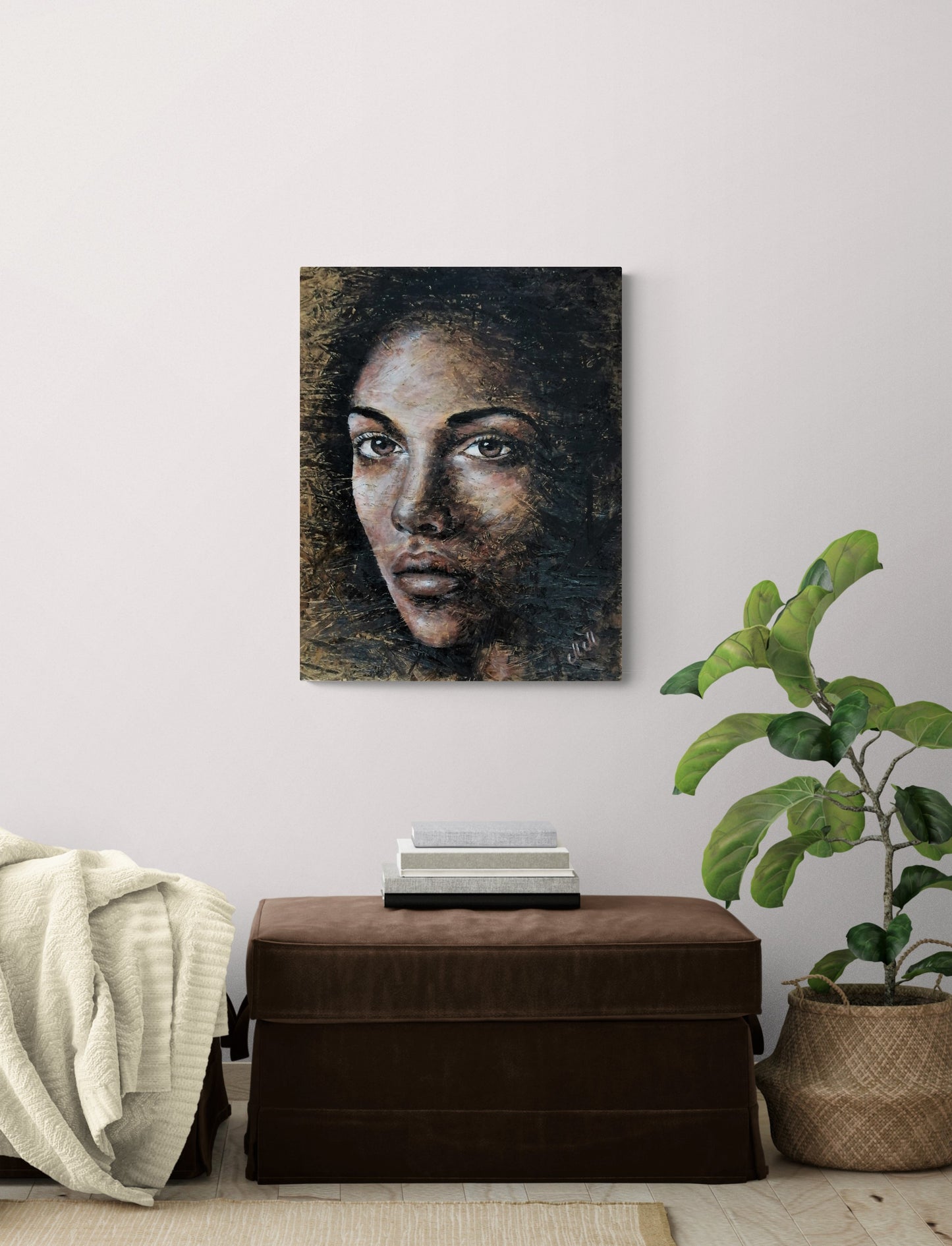 Experience the elegance of a female portrait with this stunning wood wall art.
Textured painting beautifully captures the depth and emotion of a woman's face, blending expressive acrylic strokes with the natural charm of reclaimed wood.
This rustic painting is a true statement piece, adding warmth and character to any modern living room or bedroom wall.
Female portrait Size: 49 cm x 60 cm (19" x 24") Ready to hang for effortless display.