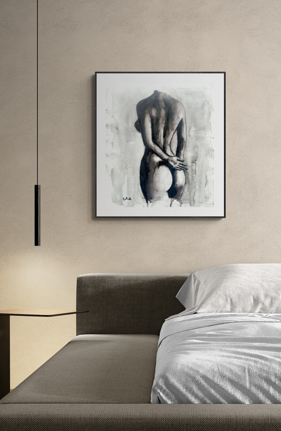 female figure - ink drawing on canvas - bedroom wall decor - above bed painting