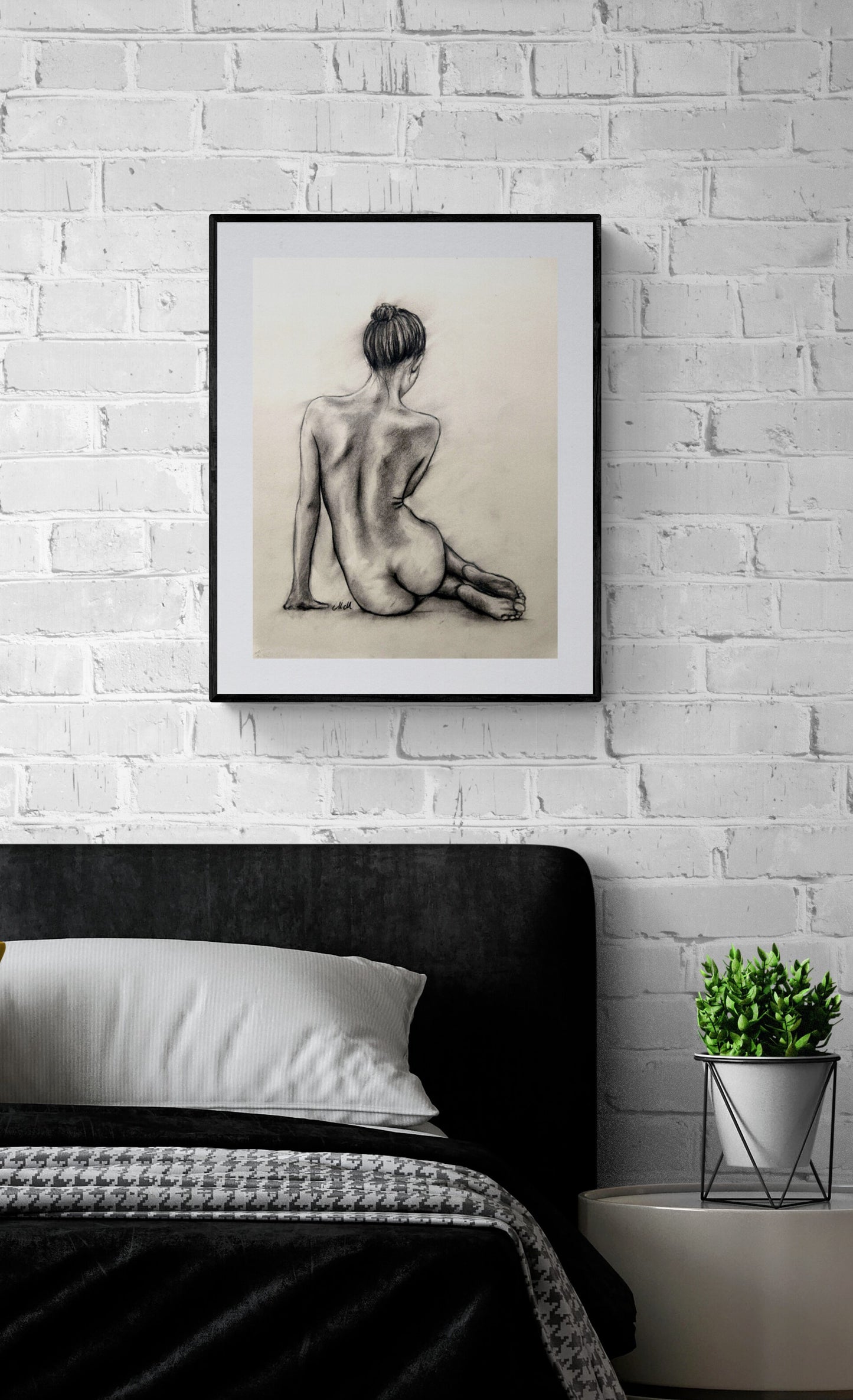 Nude Woman Charcoal Drawing – Female Figure
This erotic artwork charcoal drawing is a beautiful blend of sensuality and elegance. The romantic picture captures the female figure in a way that is both intimate and shy, making it the perfect addition to your bedroom wall art or bathroom decor.
Created with charcoal on light beige paper, this piece brings the raw beauty of the human form to life with delicate yet bold strokes.
Size: 35 cm x 46 cm (14" x 18")