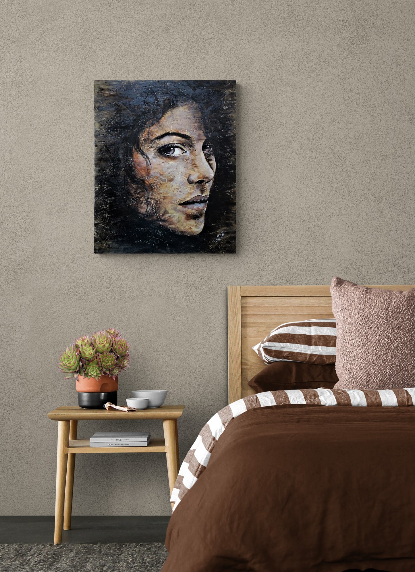 Experience the beauty of female face with this exquisite wood portrait painting. This face of a woman captures depth and emotion, blending textured artwork with the organic charm of reclaimed wood.
This Portrait of a woman rustic painting is a true statement piece, perfect for adding warmth and character to a modern home living room, or bedroom.
Acrylic portrait painting is delicately hand-drawn.
Trendy wall art Size: 50 cm x 60 cm (20" x 24") – Ready to hang for effortless display.