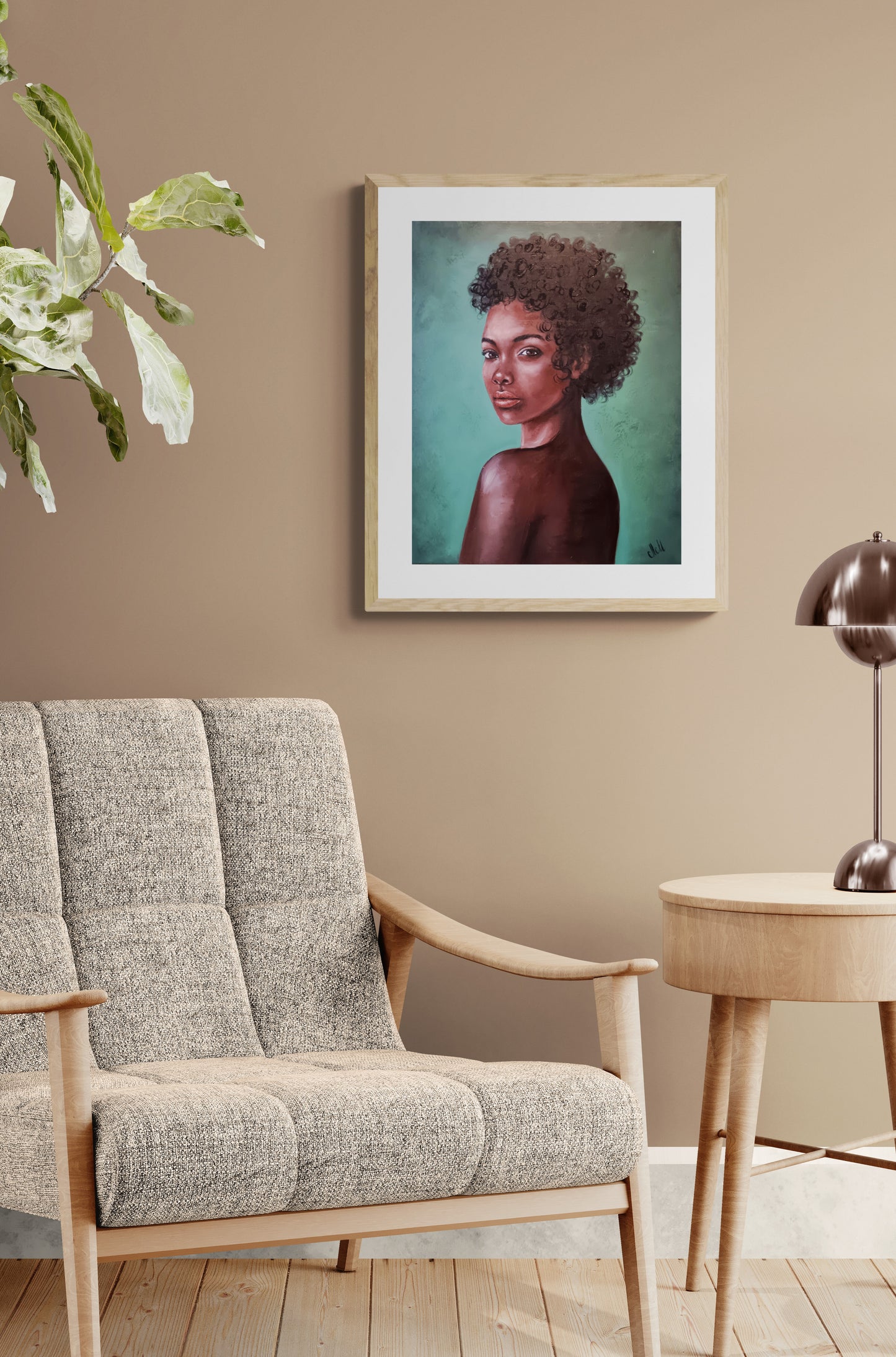 Living room with a original oil portrait painting - stunning african woman.
