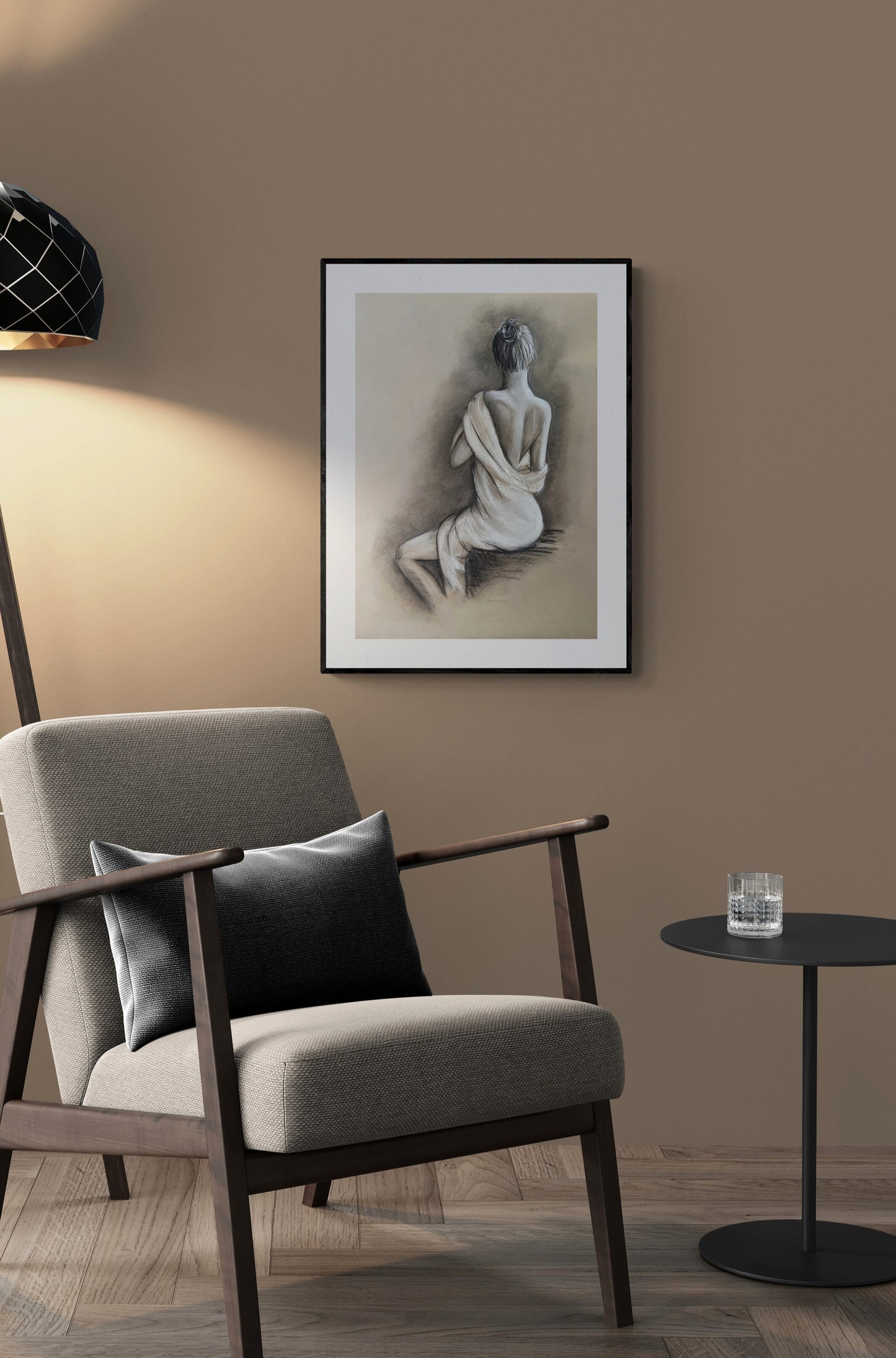 This charcoal figure drawing is a delicate balance of sensuality and subtlety, making it the perfect above-bed artwork to bring a romantic and sophisticated atmosphere to your bedroom.
Sketched on recycled beige art paper, this vintage-style nude captures the elegance of the female body with graceful charcoal strokes. The interplay of light and shadow enhances its timeless appeal, making it an intimate yet refined piece for bedroom and bathroom wall.