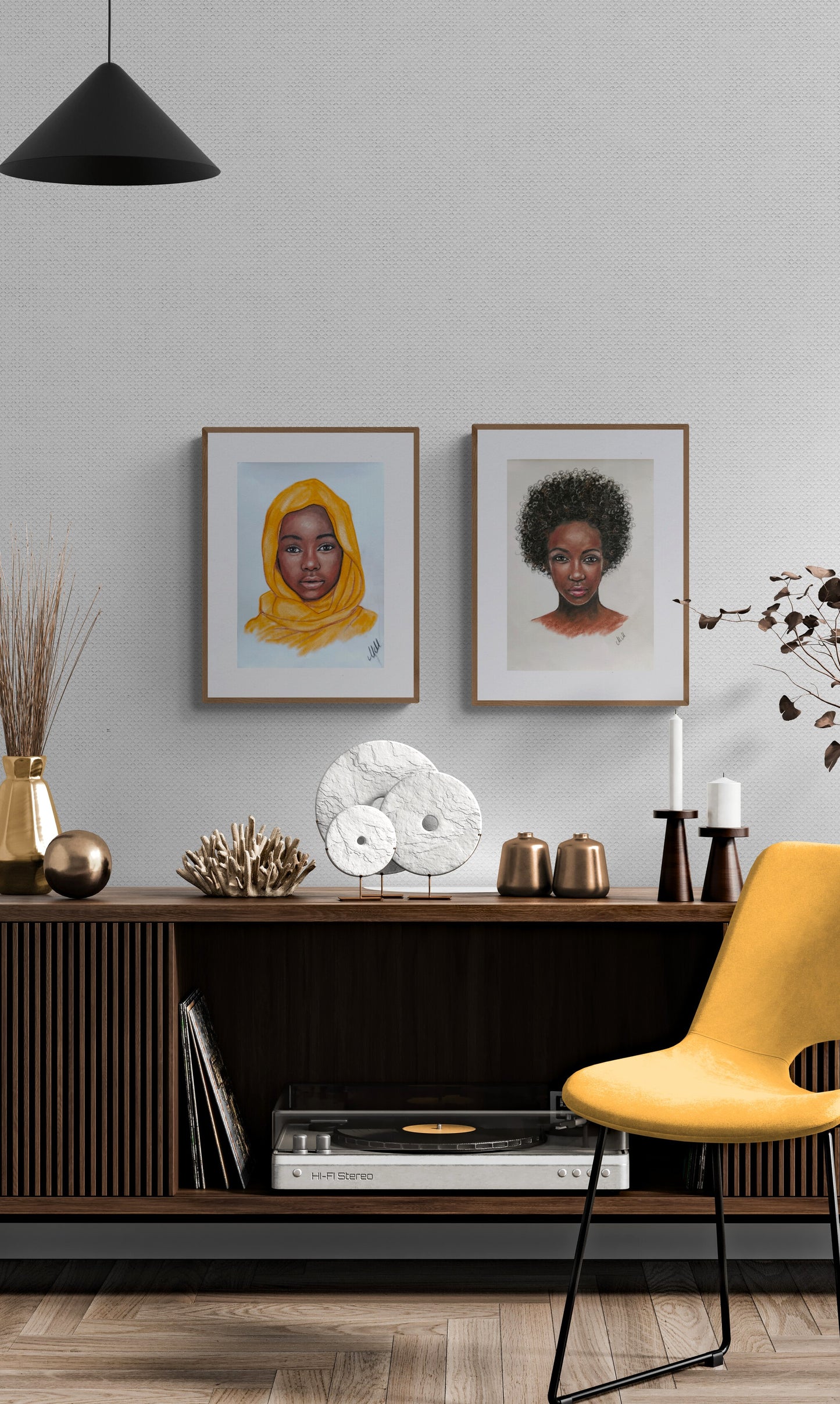 African girl with yellow scarf - original oil pastel portrait