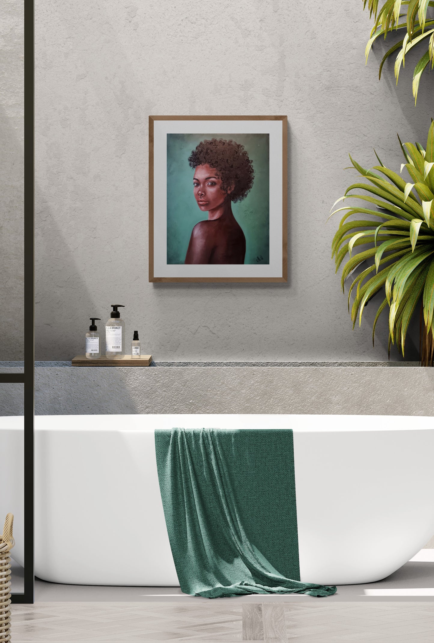 Bathroom interior with a framed portrait on the wall - unique portrait artwork