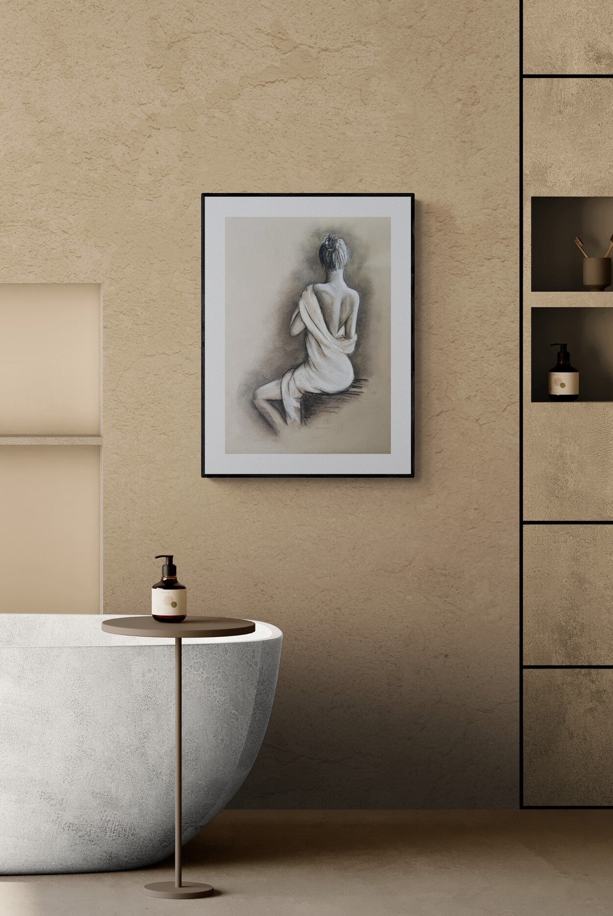 This charcoal figure drawing is a delicate balance of sensuality and subtlety, making it the perfect above-bed artwork to bring a romantic and sophisticated atmosphere to your bedroom.
Sketched on recycled beige art paper, this vintage-style nude captures the elegance of the female body with graceful charcoal strokes. The interplay of light and shadow enhances its timeless appeal, making it an intimate yet refined piece for bedroom and bathroom wall.