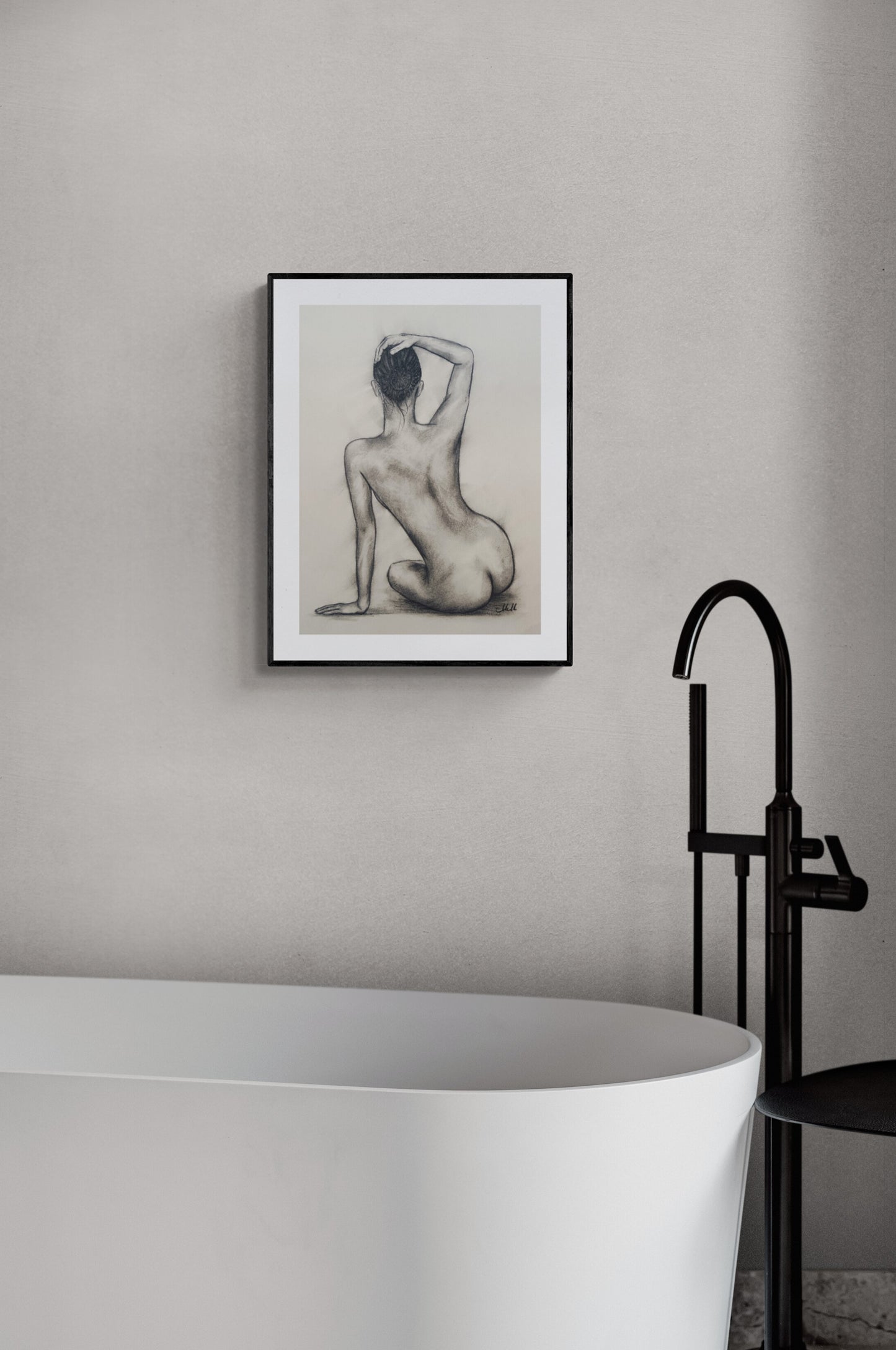 Art
This intimate charcoal drawing of a nude woman captures a quiet moment of vulnerability and allure.
With a perfect balance of elegance and sensuality, the artwork brings a romantic, softly erotic atmosphere to your modern bathroom, just enough to stir emotion, while remaining gentle and refined.
Drawn in charcoal on light beige paper, the delicate lines and soft shadows celebrate the natural beauty of the female form.