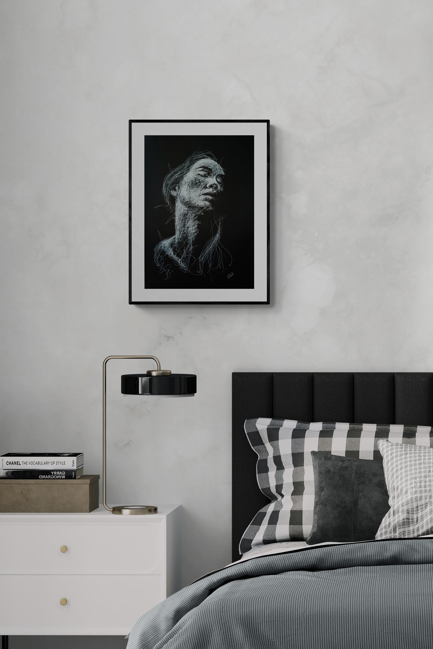Longing - Modern Elegance Black and White Line Portrait Drawing
This Longing black and white line profile portrait drawing is an original, sensual piece of artwork, handmade with exceptional care and attention to detail.
The minimalist female face figure evokes a sense of timeless elegance, blending sophistication and grace in a way that enhances any space.
The delicate white pen lines, drawn on black art paper, create a striking contrast that captures both passion and strength.