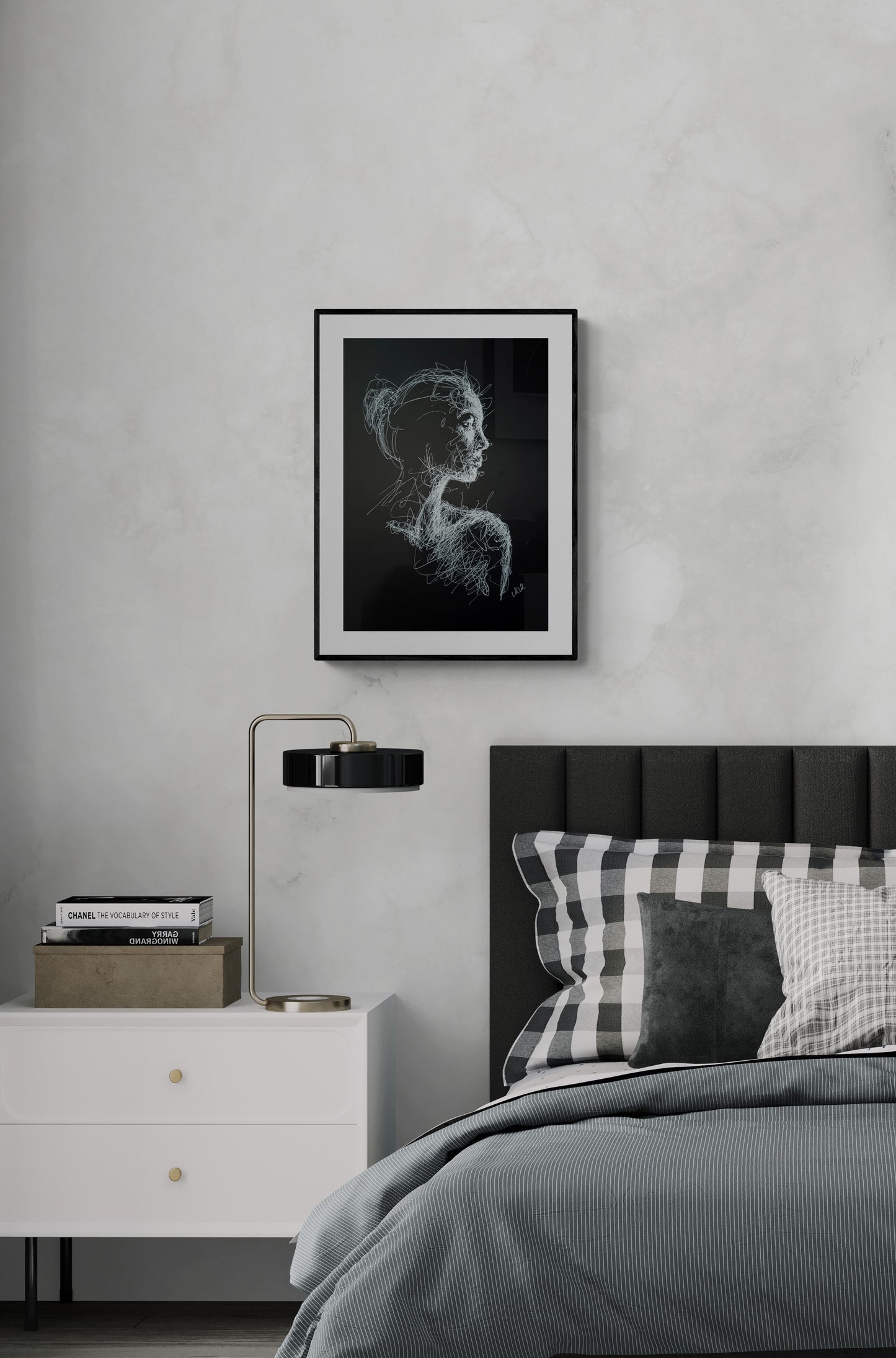 Modern Elegance Black and White Line Portrait Drawing - Original Sensual Art
This Modern Elegance black and white line portrait drawing is an original, sensual piece of artwork, handmade with love and care.
The minimalist female face figure captures a timeless beauty, offering a sophisticated touch to any space. The delicate lines, drawn with white pen on black art paper, evoke both grace and strength, creating a striking contrast that will captivate the eye.